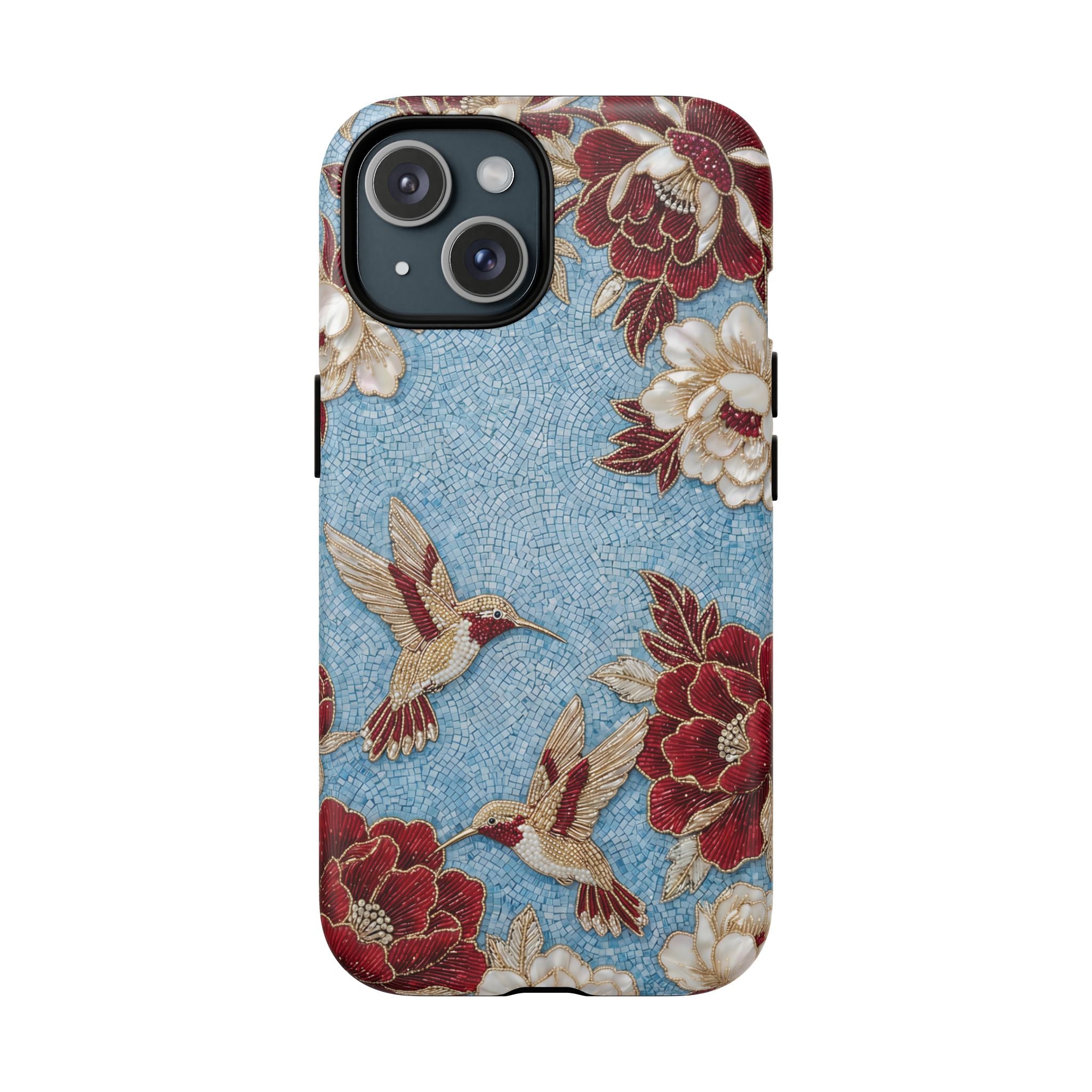 Floral Hummingbird Tough MagSafe iPhone Case | Vintage Blue & Burgundy Botanical Design