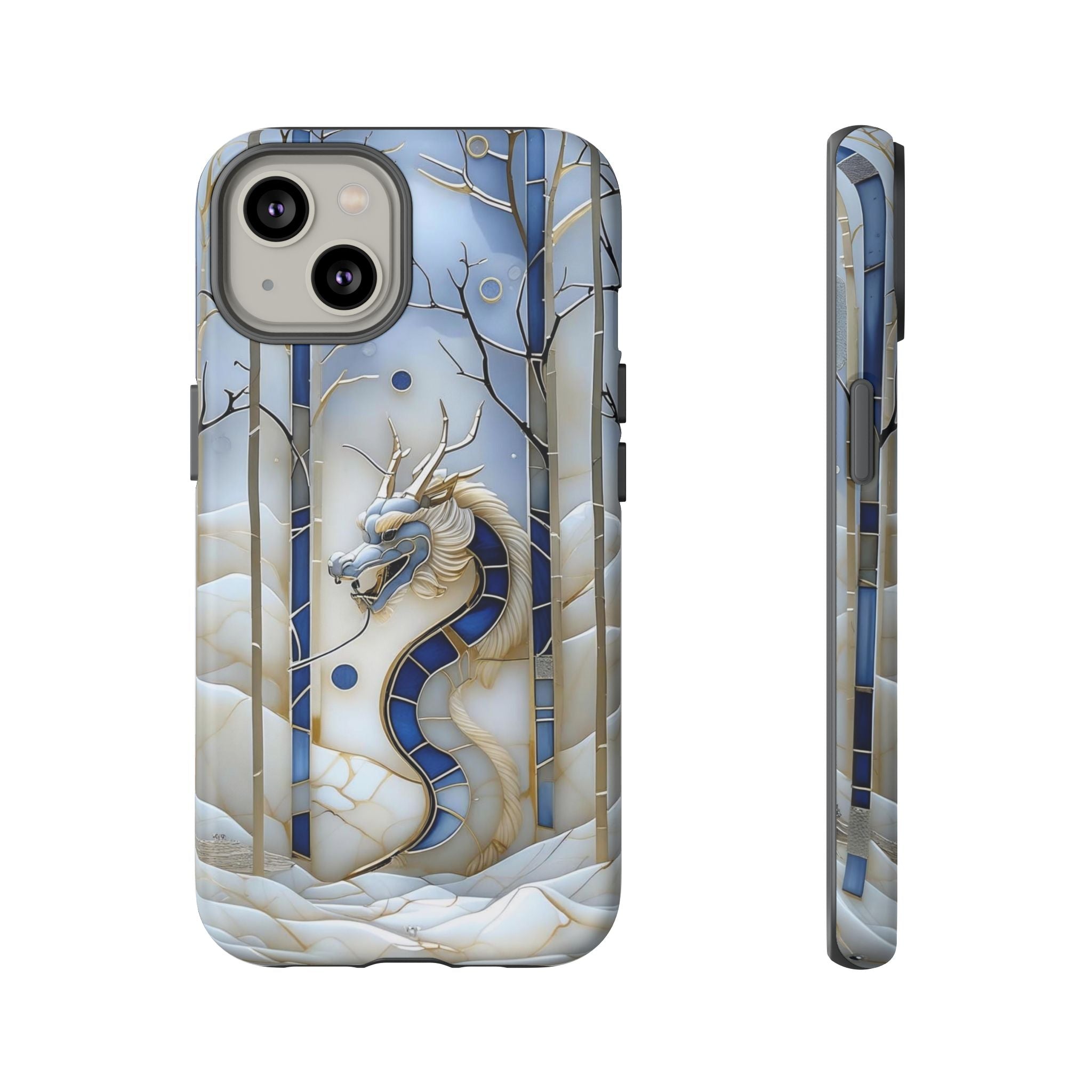 Dragon Stained Glass iPhone Case — Blue Winter Forest Protective Cover