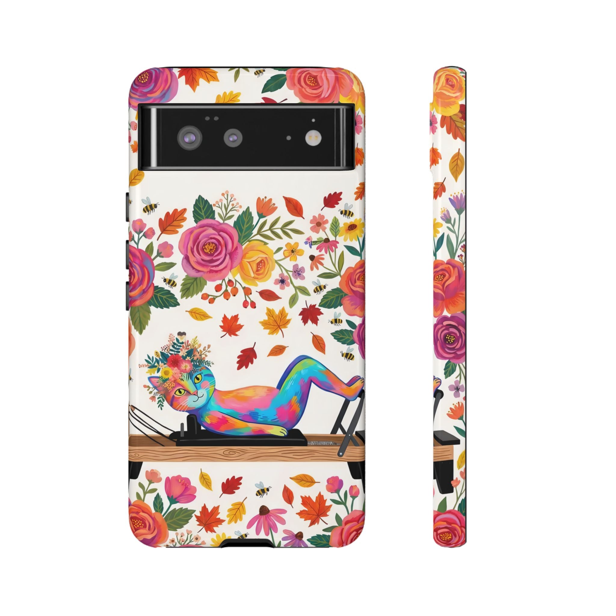 Autumn Floral Pilates Google Pixel Phone Case | Colorful Rainbow Pilates Cat on Falling Leaves