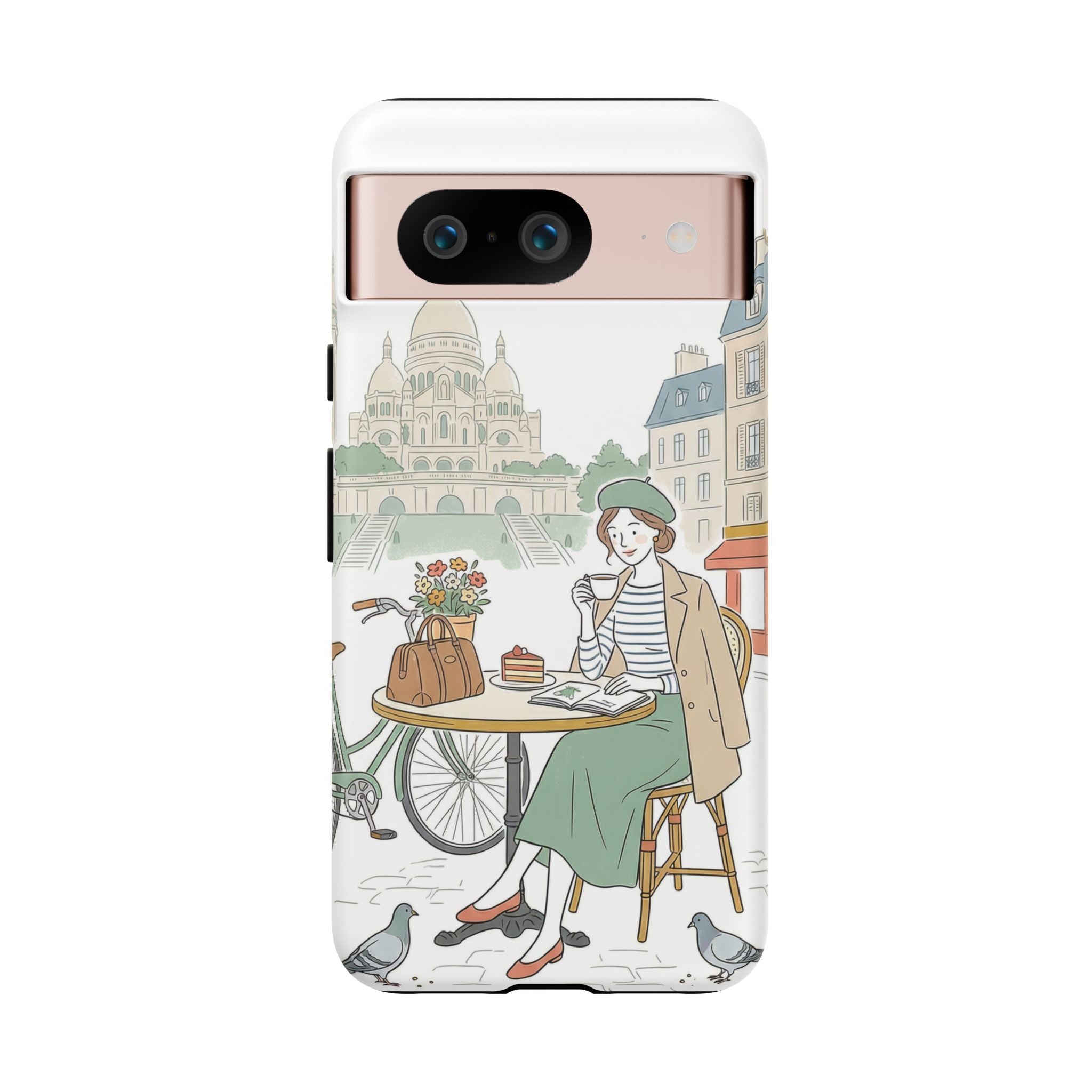 Paris Cafe Illustration Google Pixel Phone Case | Vintage Bicycles & Pigeons Protective Cover