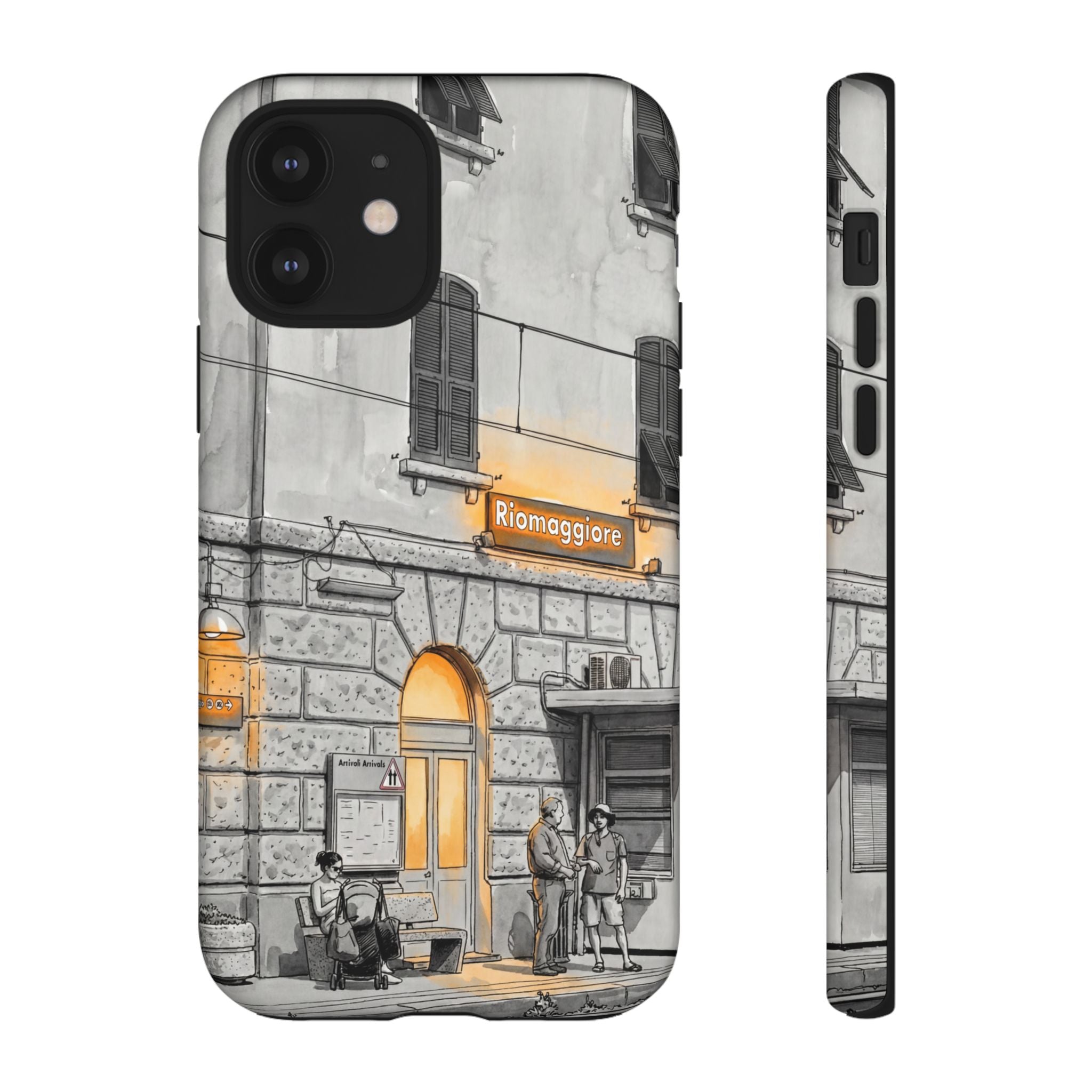 Cinque Terre Train Station iPhone Case | Black & White Sketch with Warm Yellow Accents