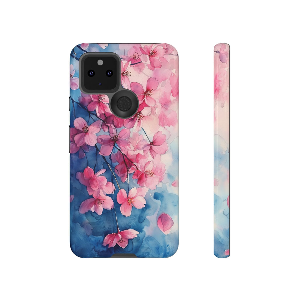 Floral Cherry Blossom Google Pixel Case | Pink Blue Watercolour