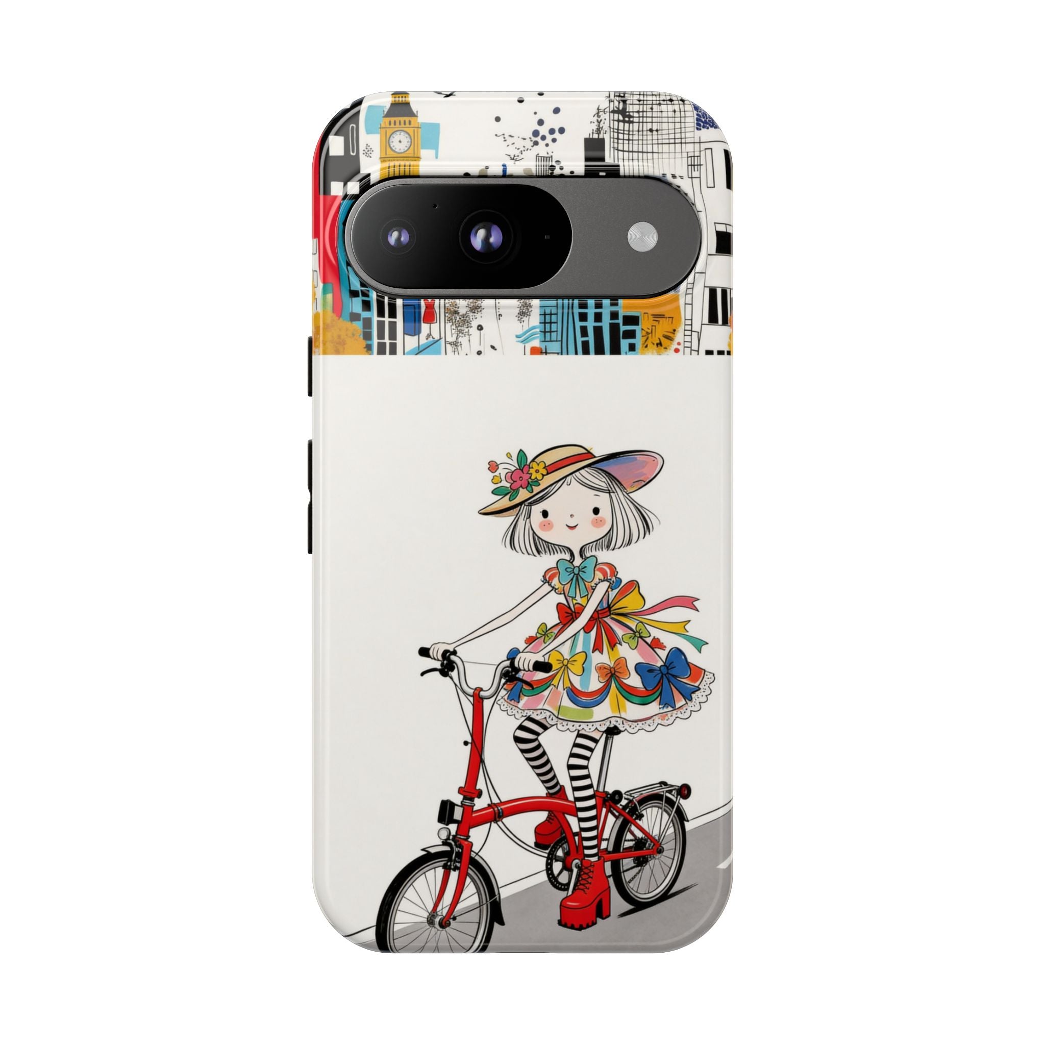 Whimsical Girl on Brompton Bicycle Urban Illustration Google Pixel Phone Case