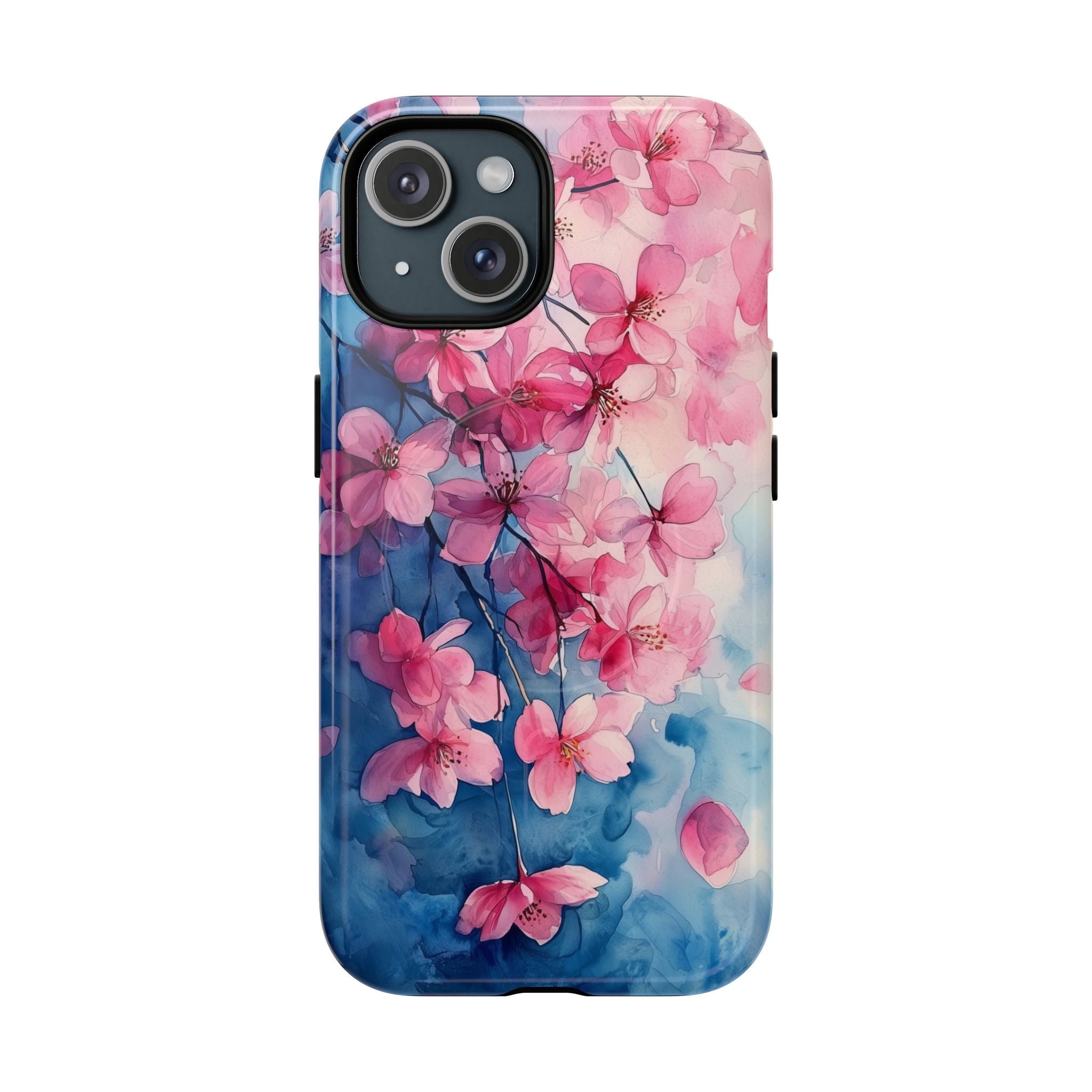 Custodia MagSafe per iPhone con motivo floreale di ciliegio in fiore | Acquerello rosa e blu