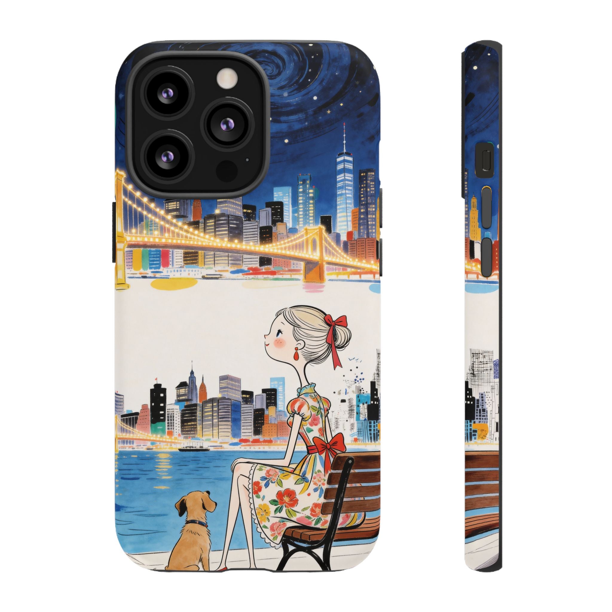 City Night iPhone Case | Cute Girl & Dog Bench Illustration