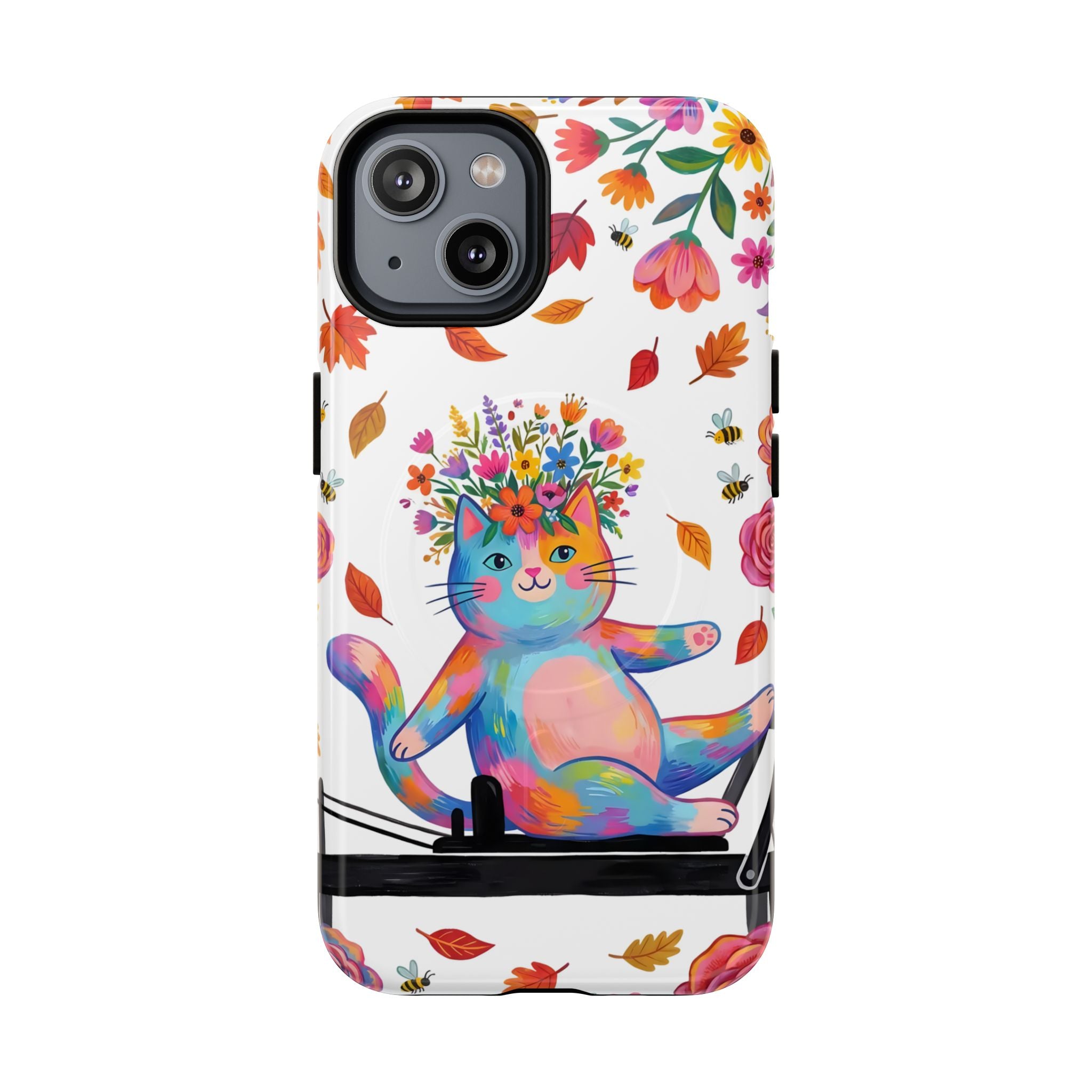 Colorful Floral Cat on Pilates Reformer Protective MagSafe iPhone Case