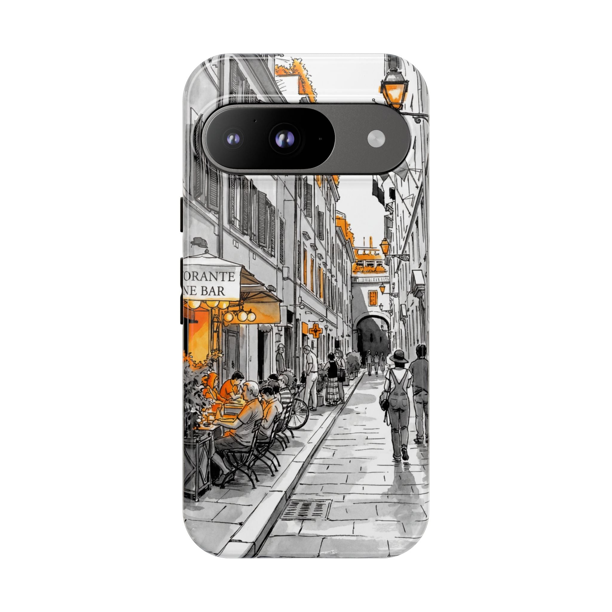 Italy Street Phone Case | Vintage Italian Cafe Sketch with Orange Accents