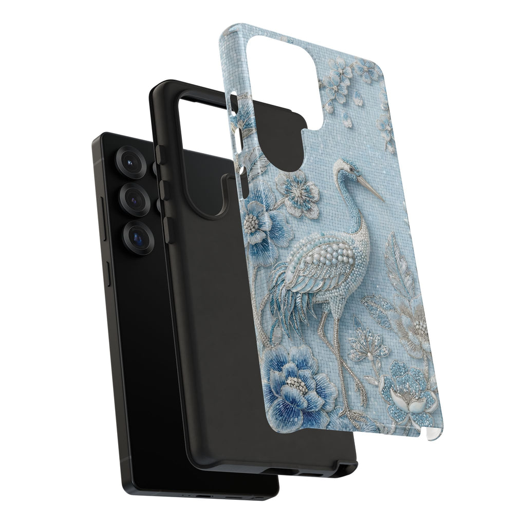 Blue Crane Floral Samsung Galaxy Phone Case | Vintage Embossed Bird Design