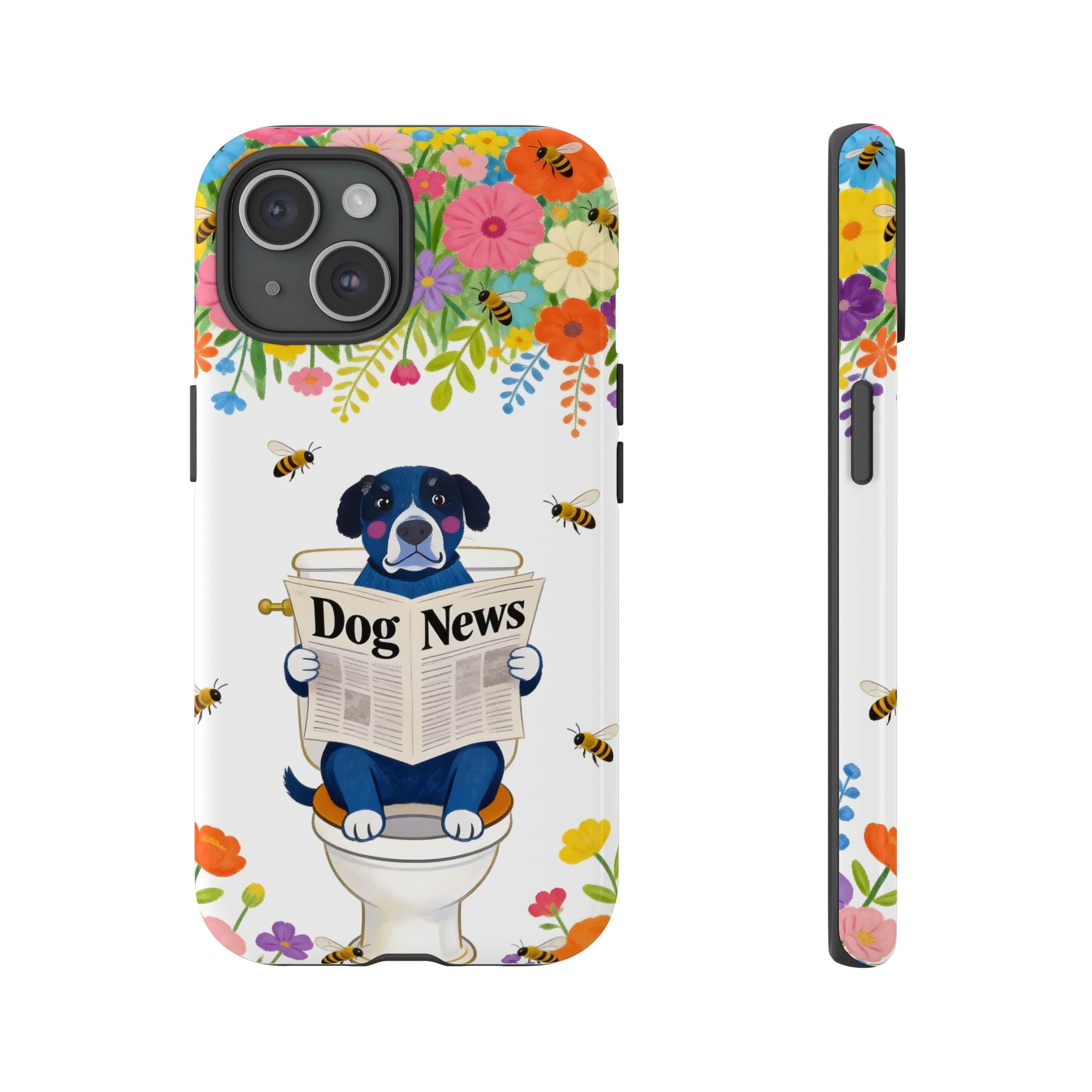 Dog News Floral iPhone Case | Cute Dog on Toilet Pattern, Spring Floral iPhone Cover