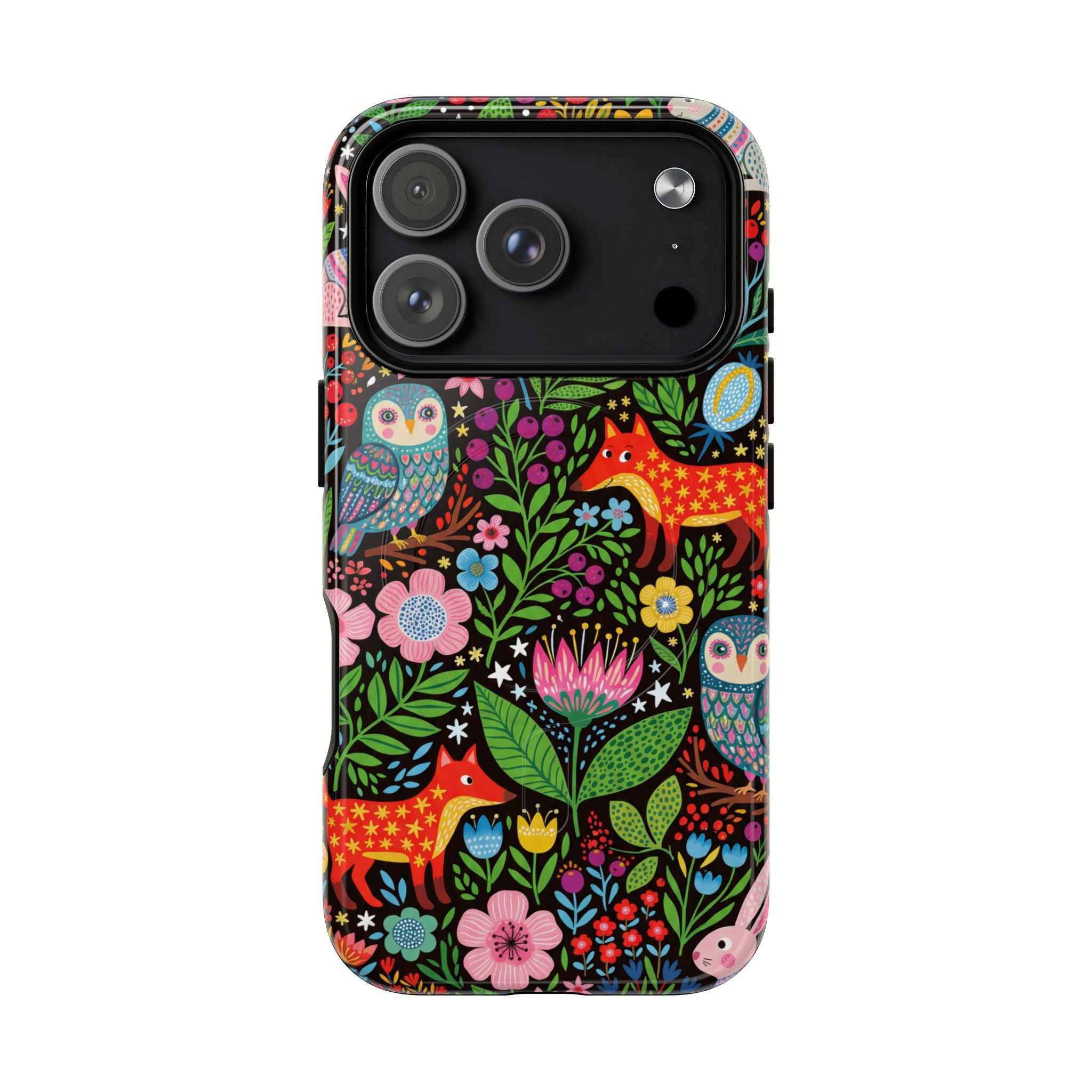 Floral Woodland MagSafe iPhone Case | Colourful Fox & Owl Protective Cover