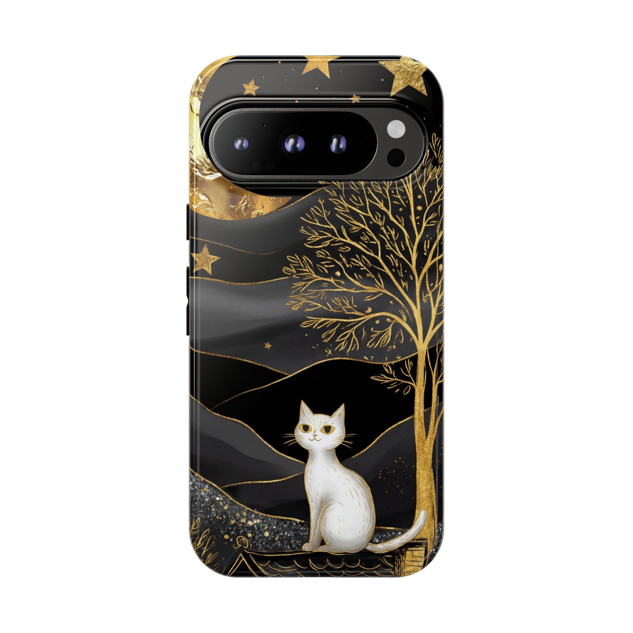 Mystic Night Cat Google Pixel Case | Gold Tree & Stars Tough Case