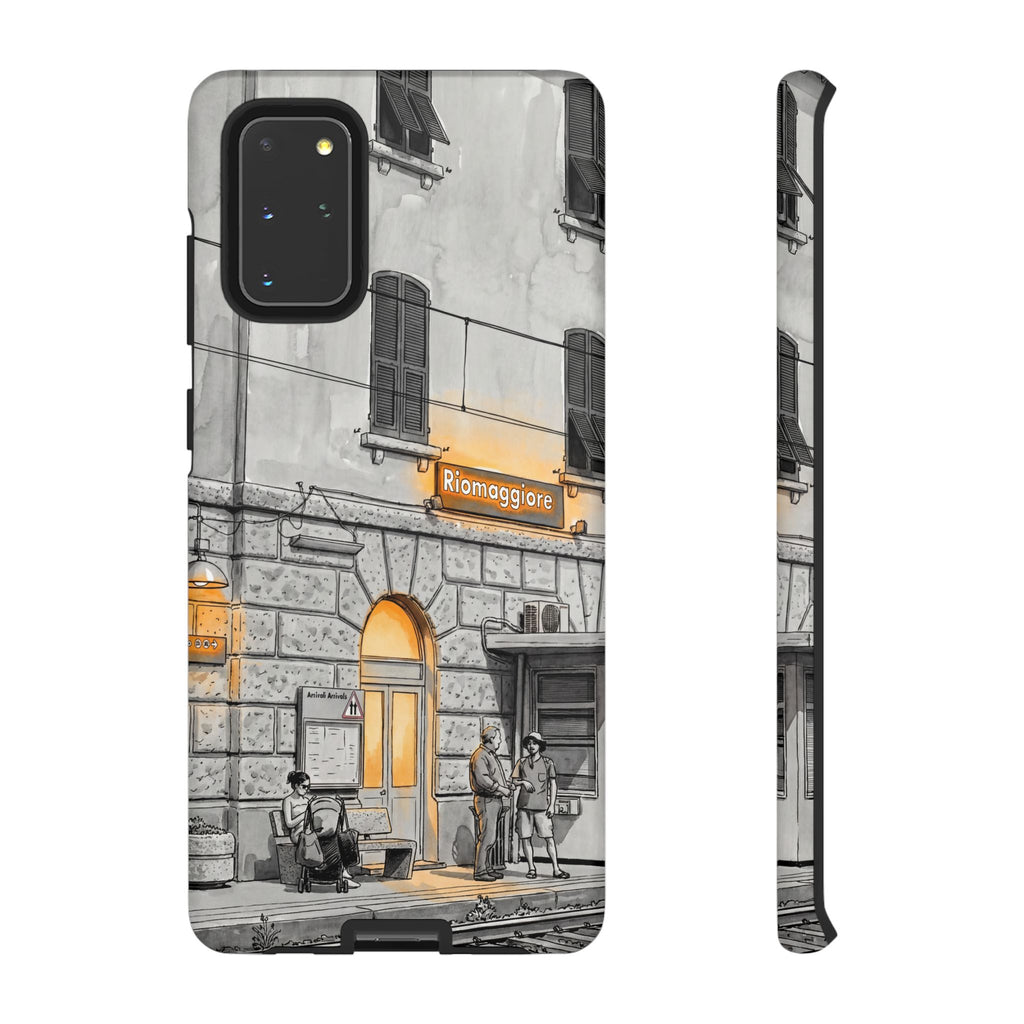 Custodia per Samsung Galaxy con stazione ferroviaria Cinque Terre | Schizzo in bianco e nero con accenti gialli caldi