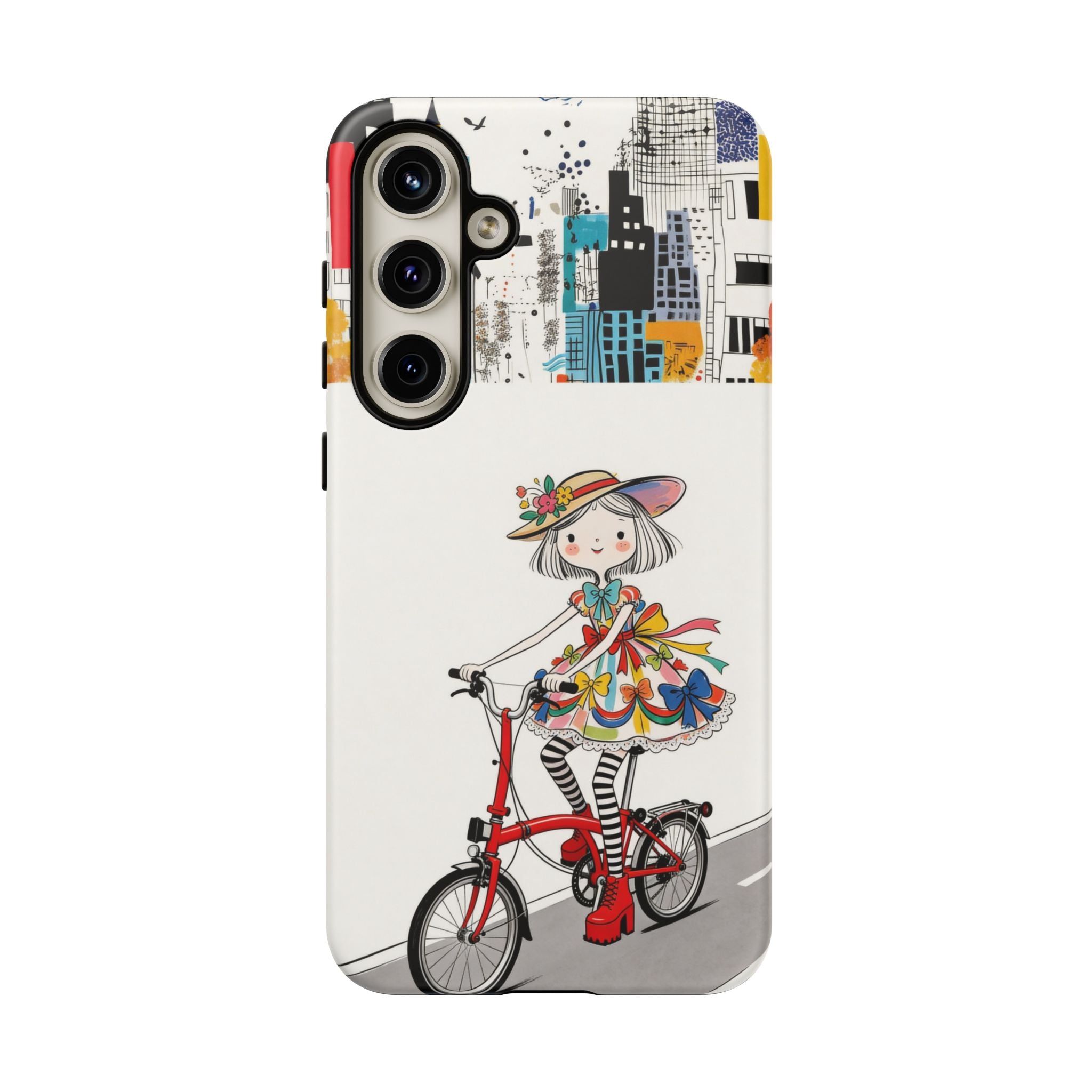 Whimsical Girl on Brompton Bicycle Urban Illustration Samsung Galaxy Phone Case