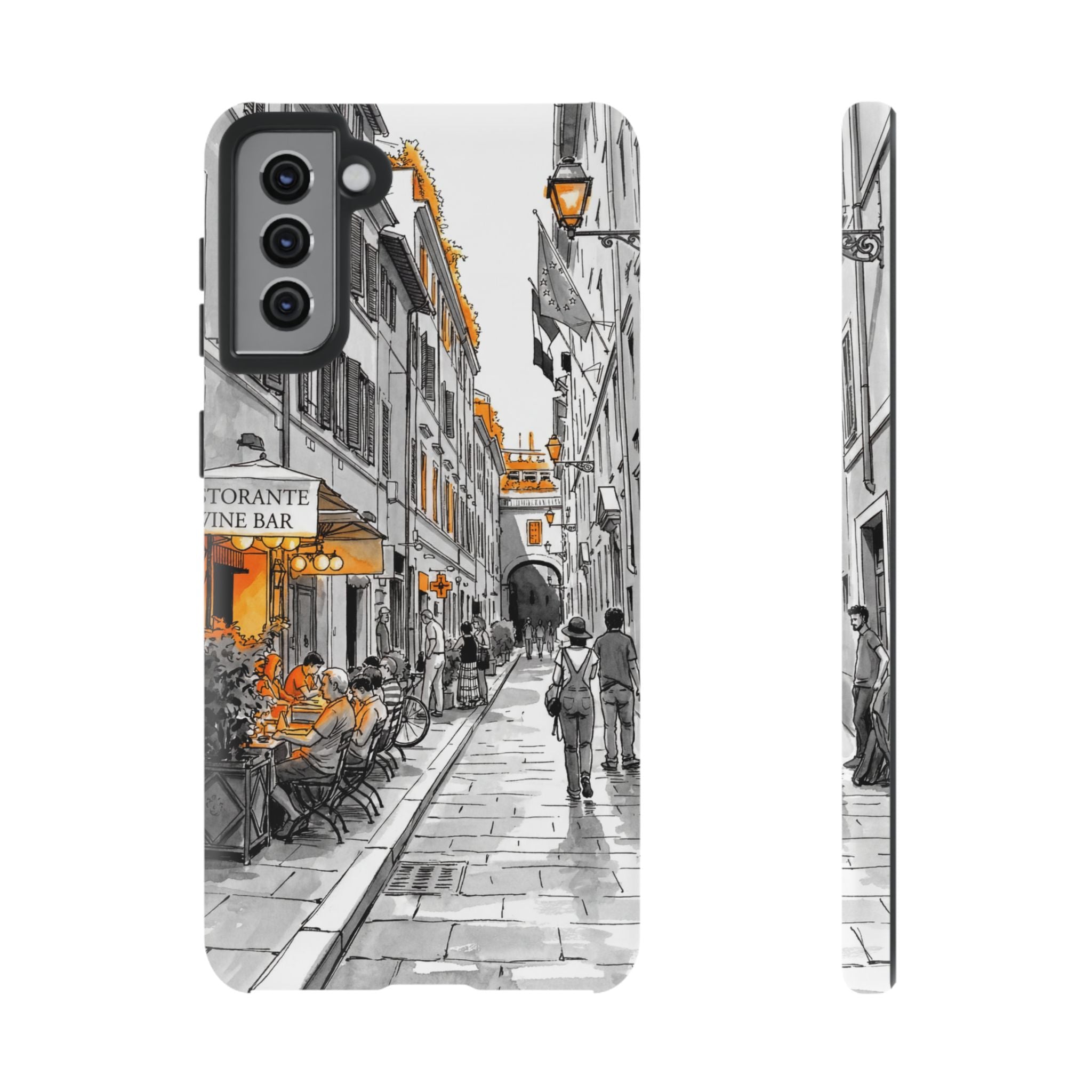 Italy Street Samsung Galaxy Case | Black & White Cityscape with Orange Accents