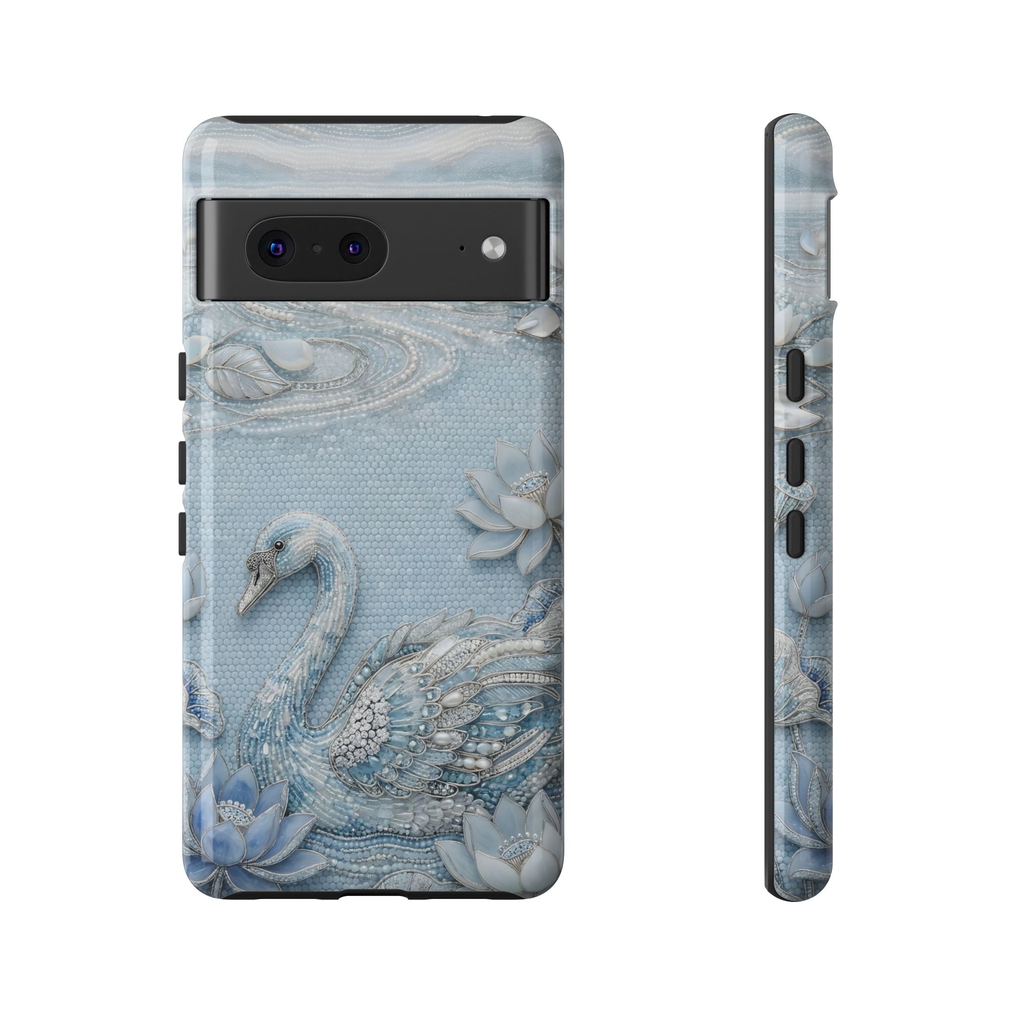 Swan Lake Floral Google Pixel Phone Case | Sparkling Blue Swan Protective Case