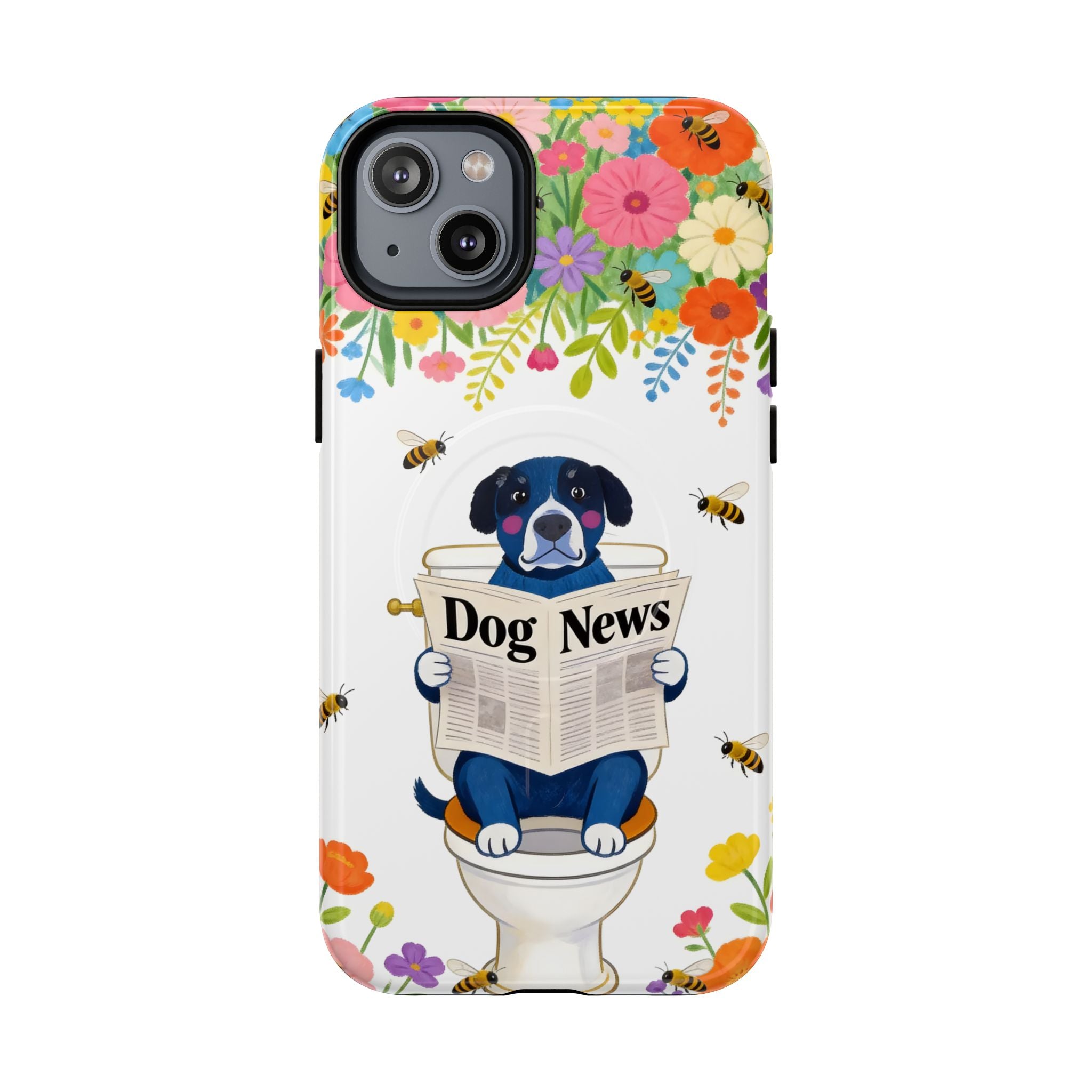 Dog News Floral MagSafe iPhone Case | Cute Dog on Toilet Pattern, Spring Floral iPhone Cover