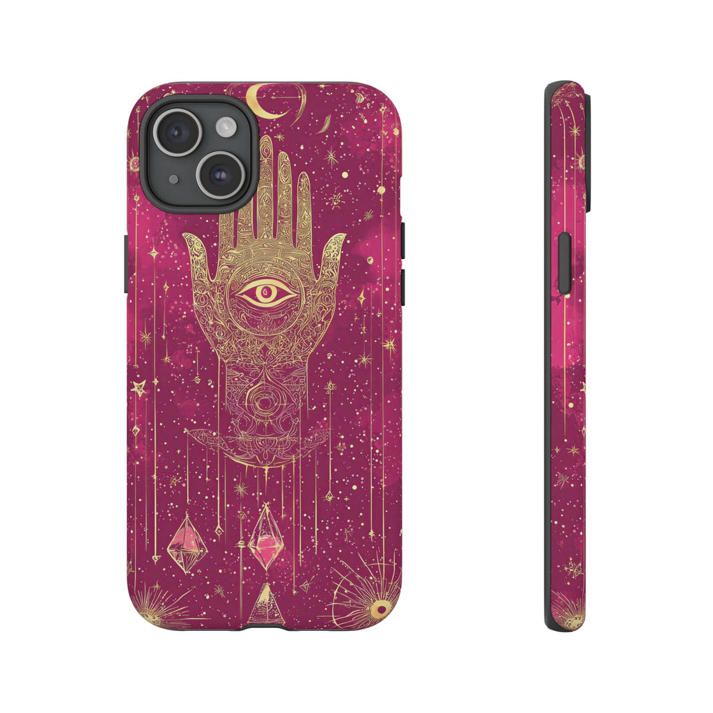 Mystic Hamsa iPhone Case | Gold Palm & All-Seeing Eye on Magenta Galaxy