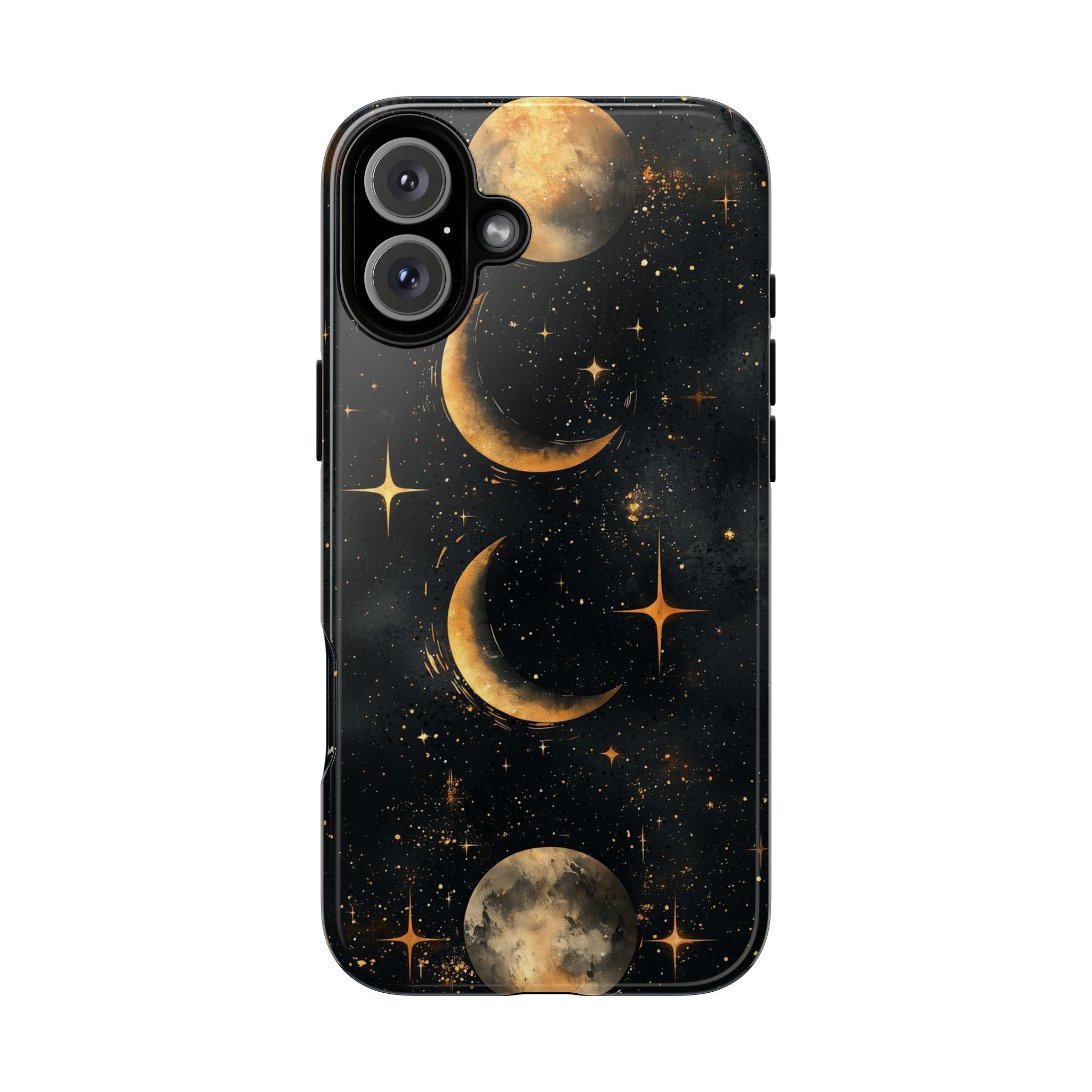 Celestial Moon Phases Tough iPhone Case | Gold Crescent & Full Moon Galaxy Design