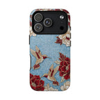 Cover iPhone MagSafe "Colibrì Floreale" Robusta | Design Botanico Vintage Blu e Borgogna