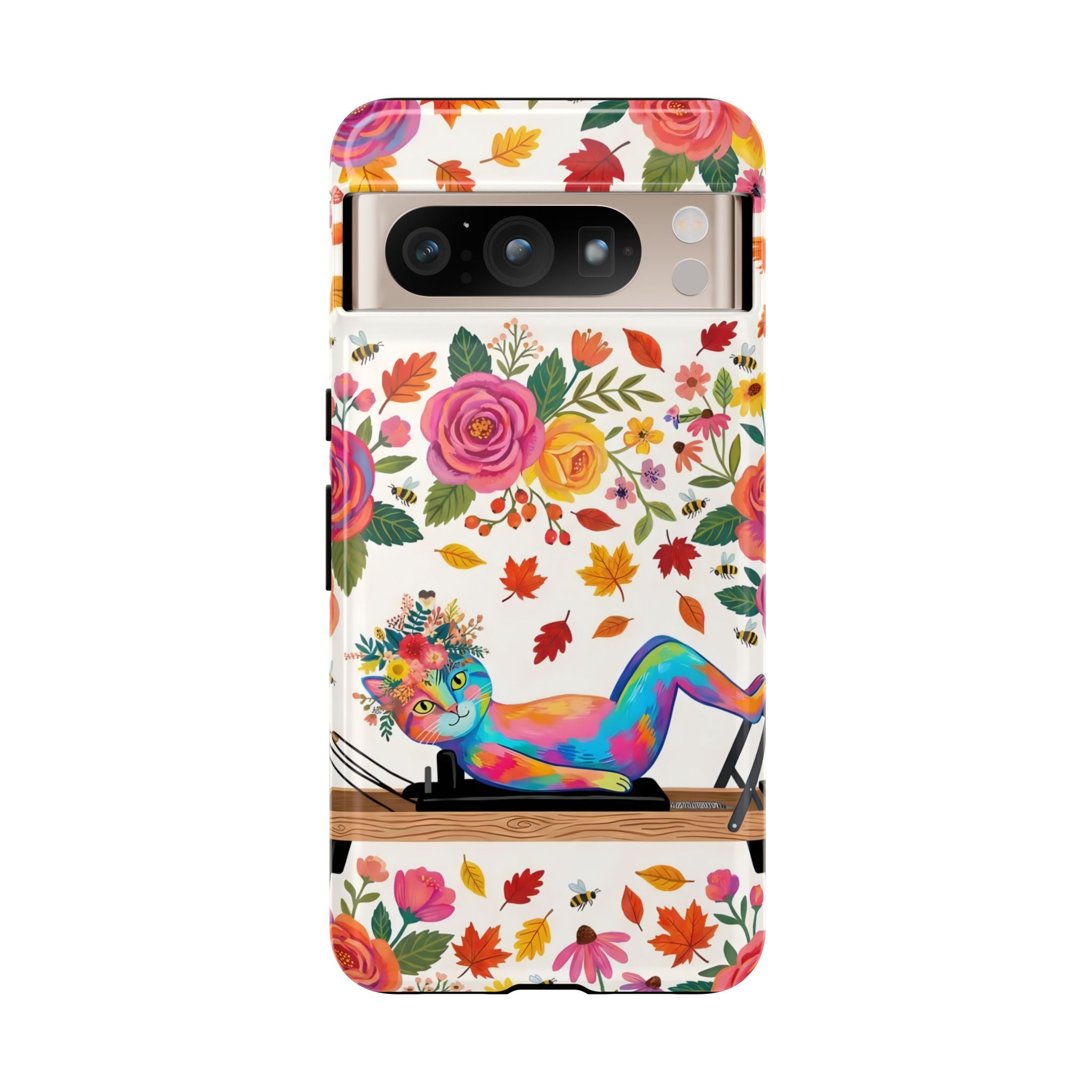 Autumn Floral Pilates Google Pixel Phone Case | Colorful Rainbow Pilates Cat on Falling Leaves