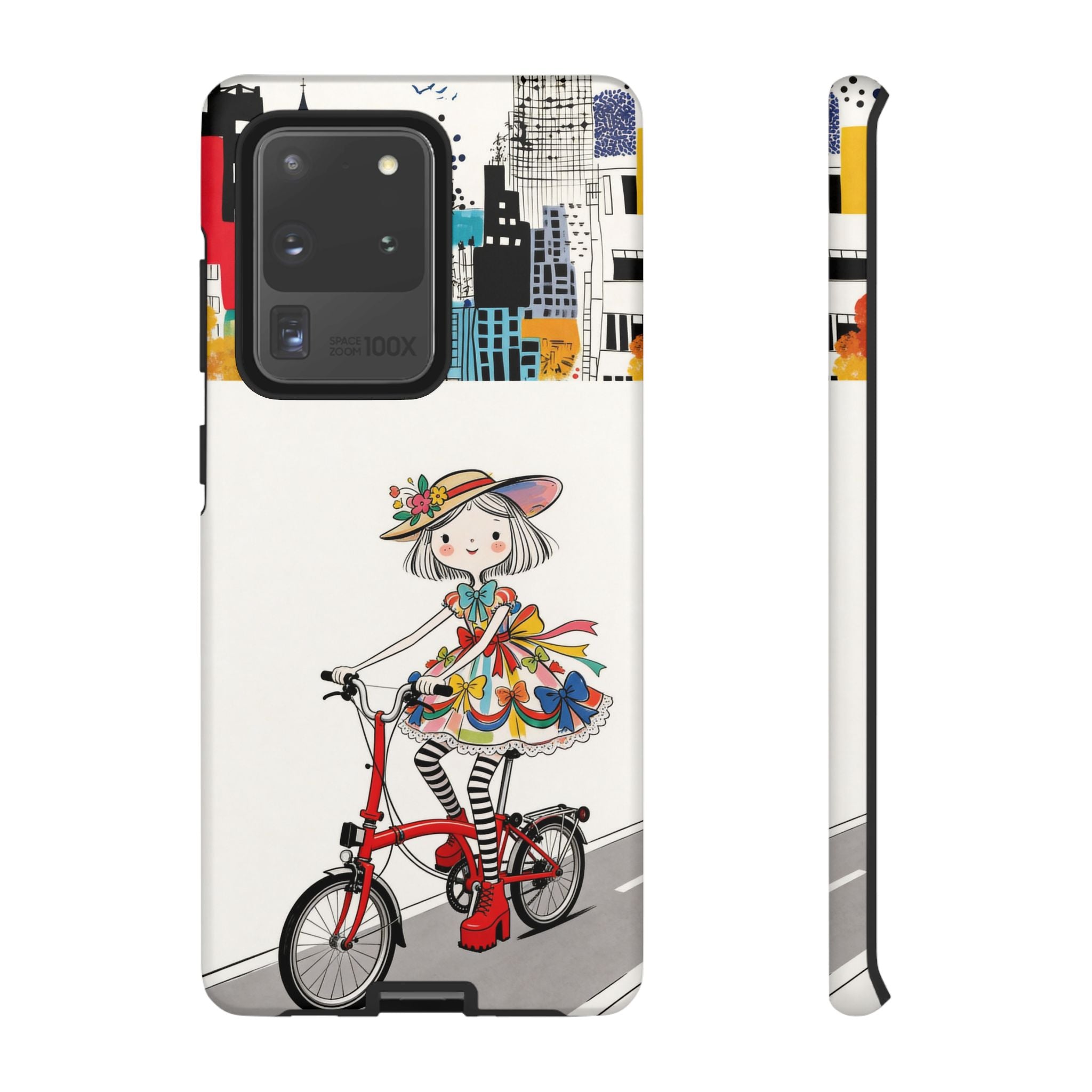 Whimsical Girl on Brompton Bicycle Urban Illustration Samsung Galaxy Phone Case