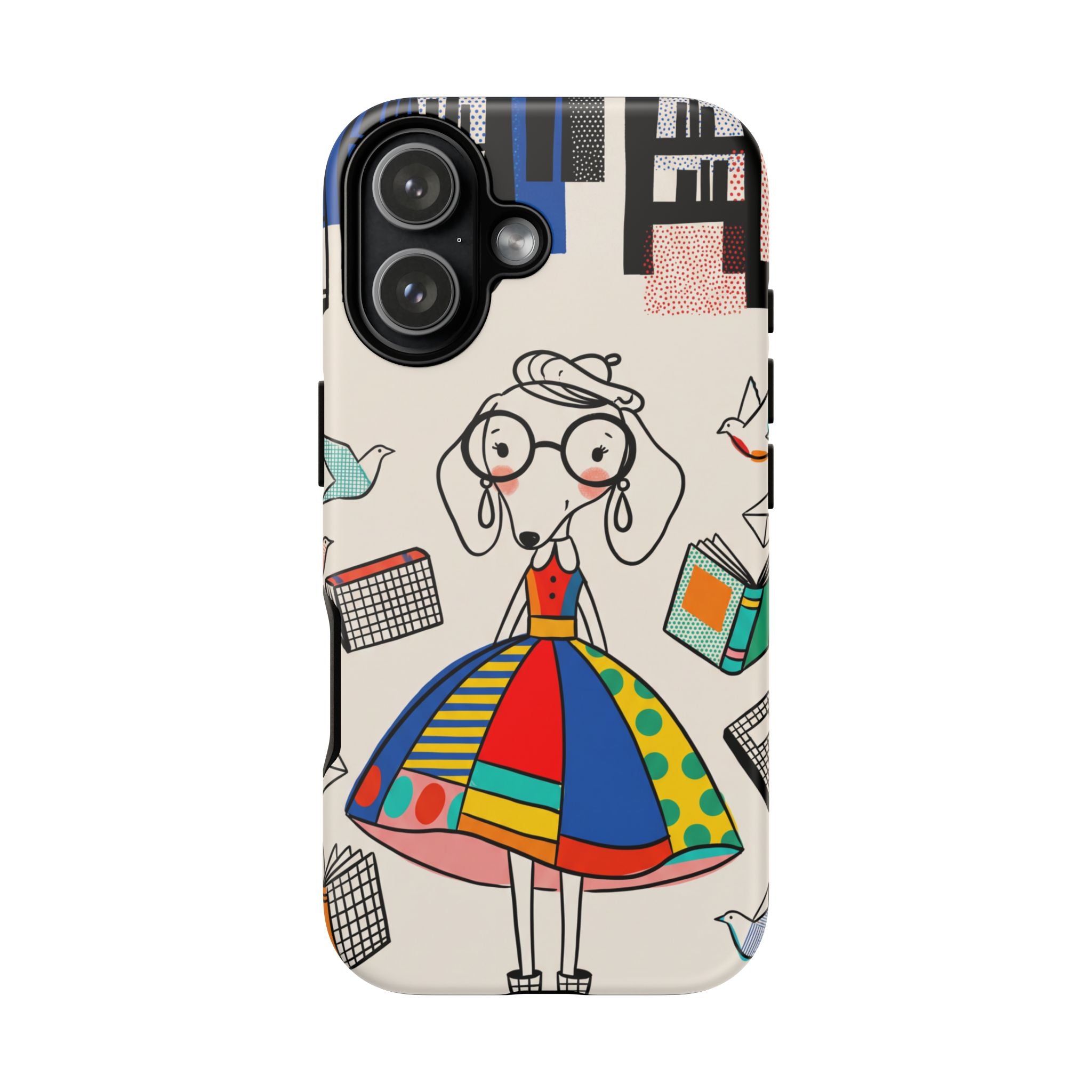 Cute Dachshund Dog Illustration iPhone Case | Colorful Whimsical Book & Bird Design