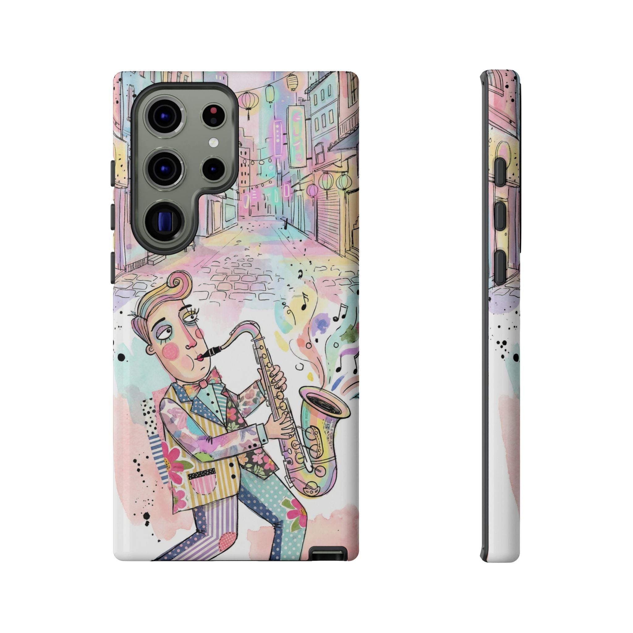 Sax Player Art Samsung Galaxy Phone Case | Pastel Jazz Street Illustration
