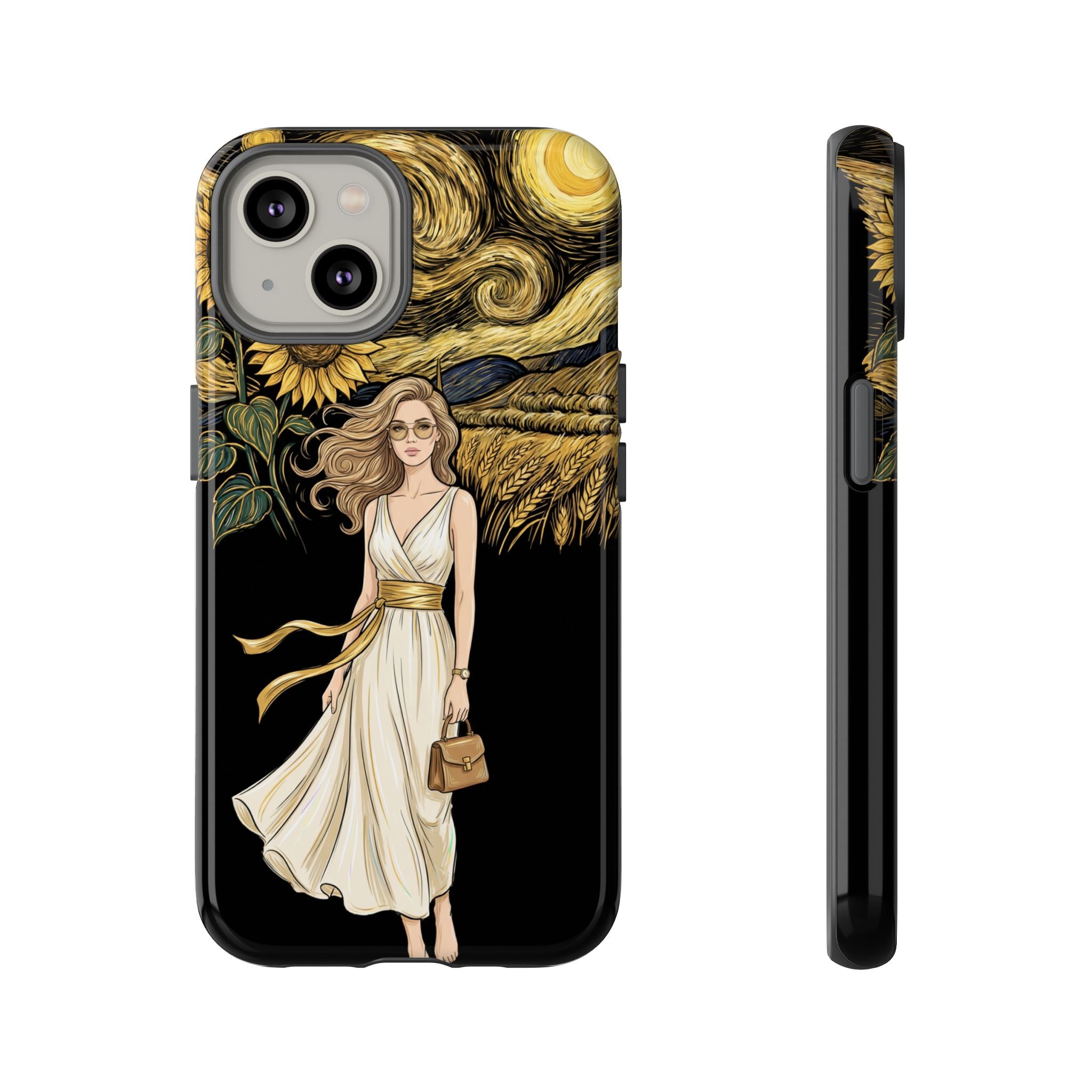 Sunflower Night iPhone Case | Woman in Flowing Dress Van Gogh Style