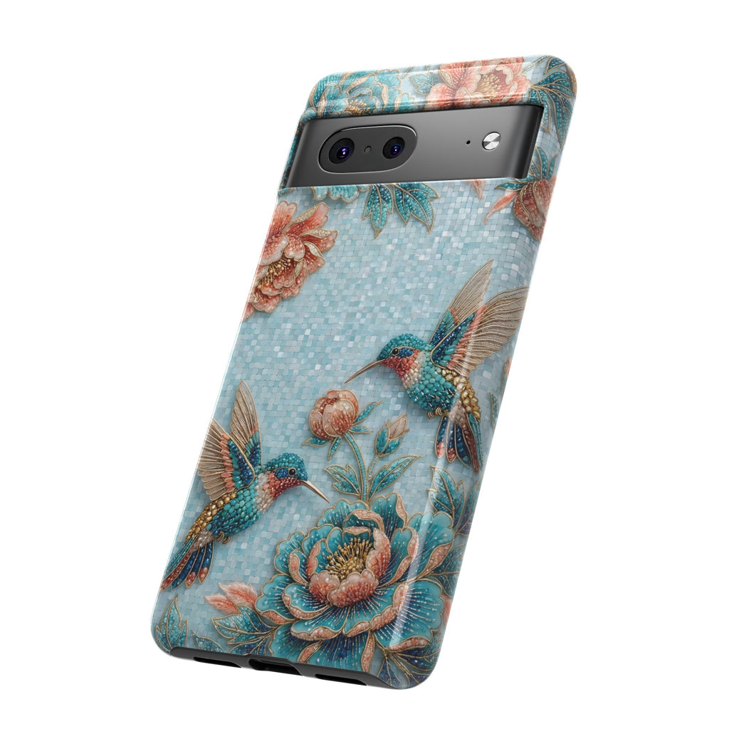 Cover per telefono Google Pixel "Hummingbird Floral Tough" | Design vintage floreale blu