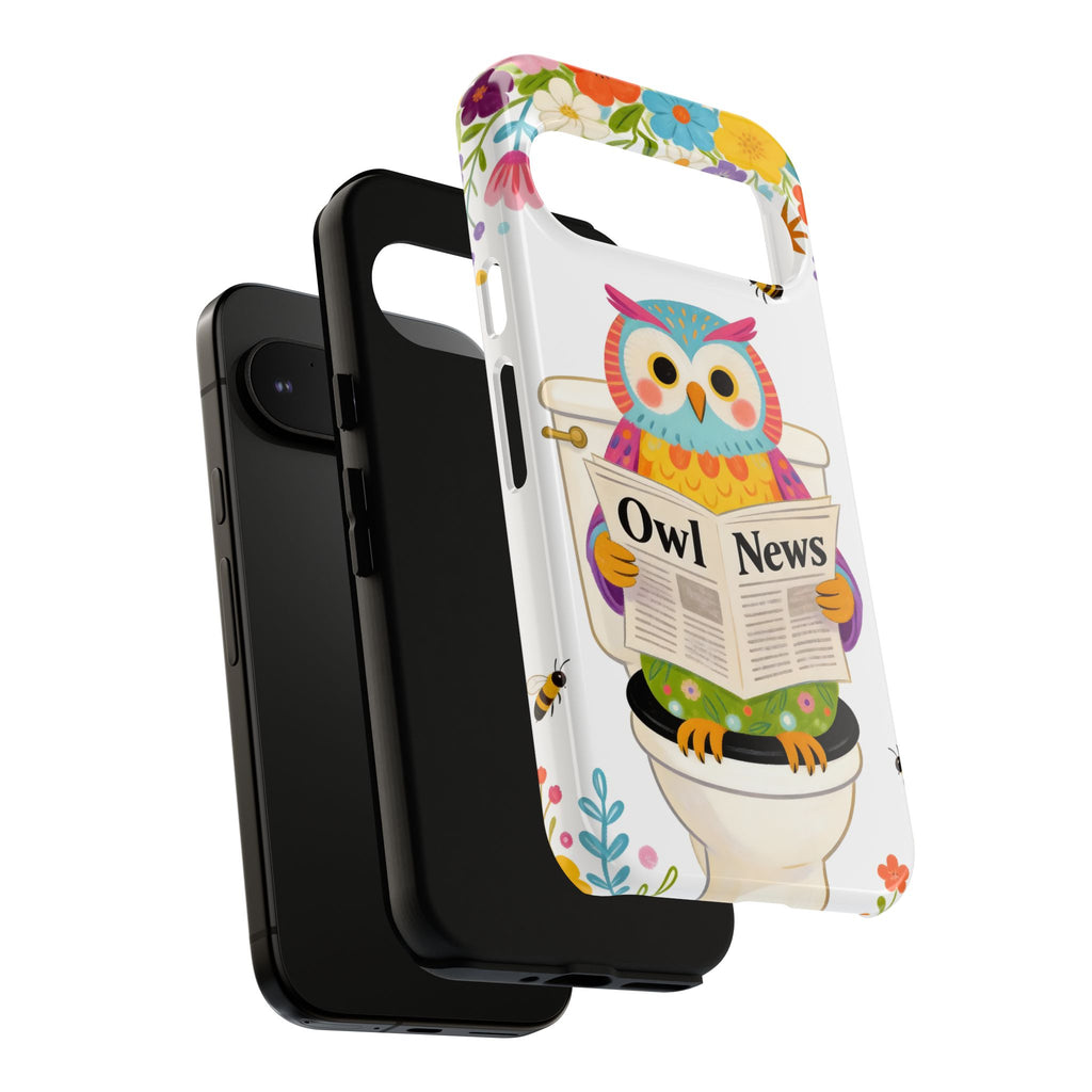 Owl News Floral Google Pixel Phone Case | Cute Owl Reading Newspaper on Toilet
