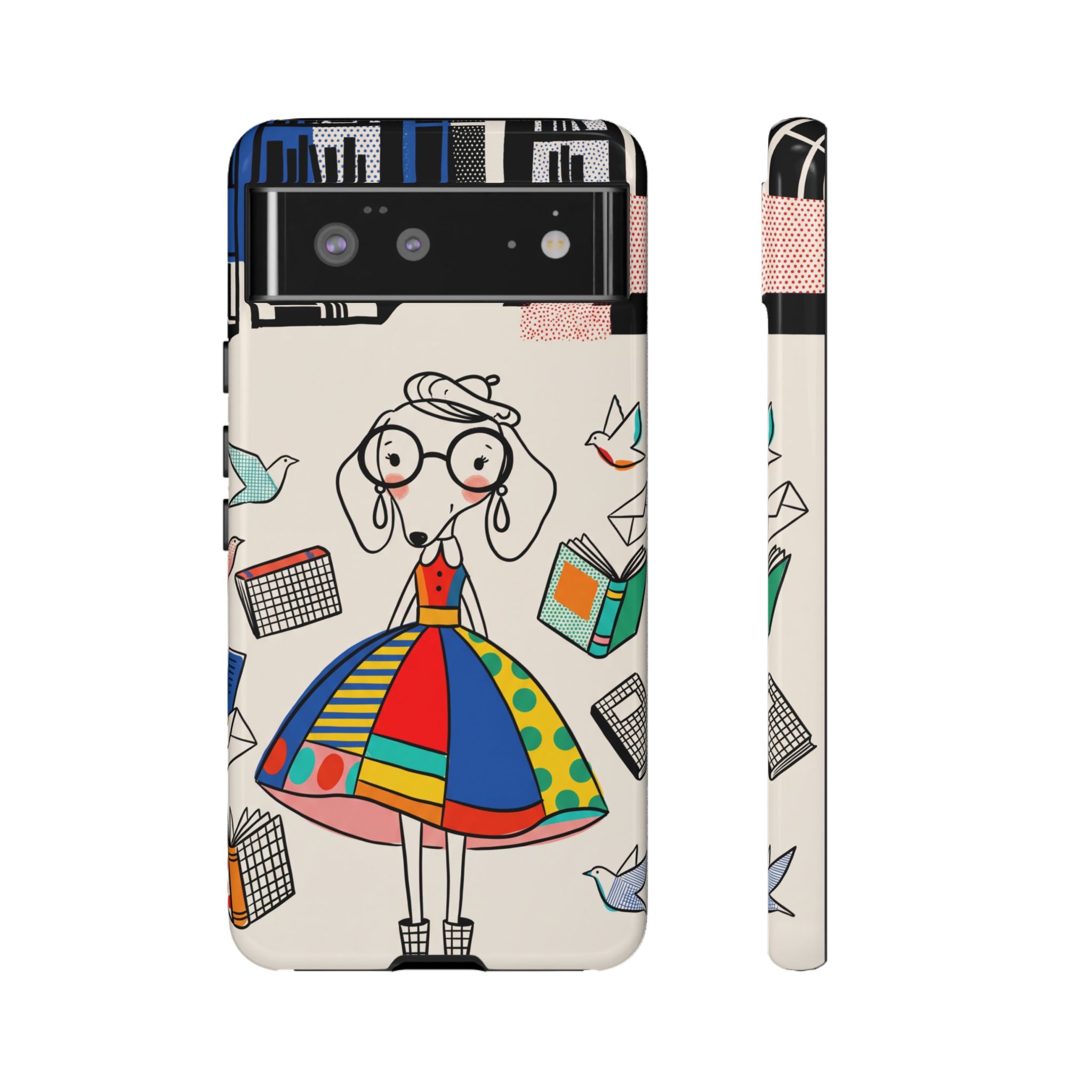 Cute Dachshund Dog Illustration Google Pixel Phone Case | Colorful Whimsical Book & Bird Design