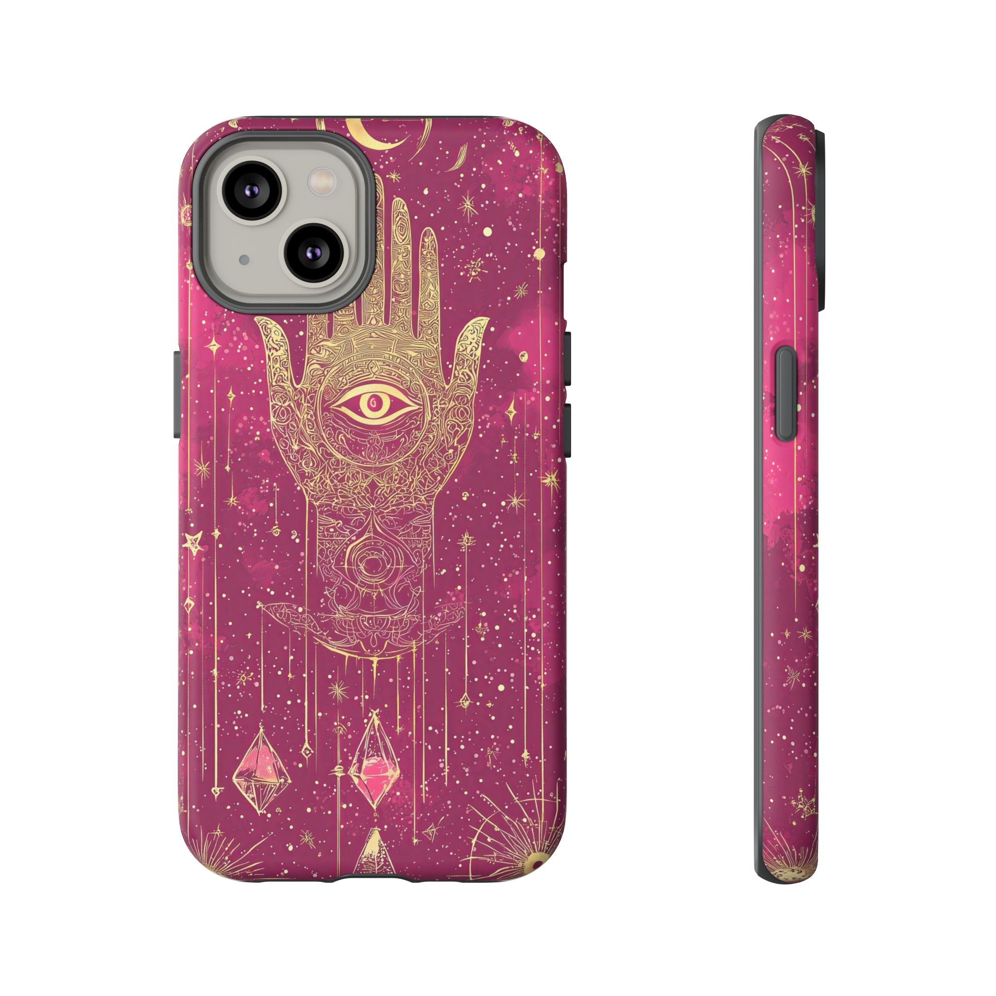 Mystic Hamsa iPhone Case | Gold Palm & All-Seeing Eye on Magenta Galaxy