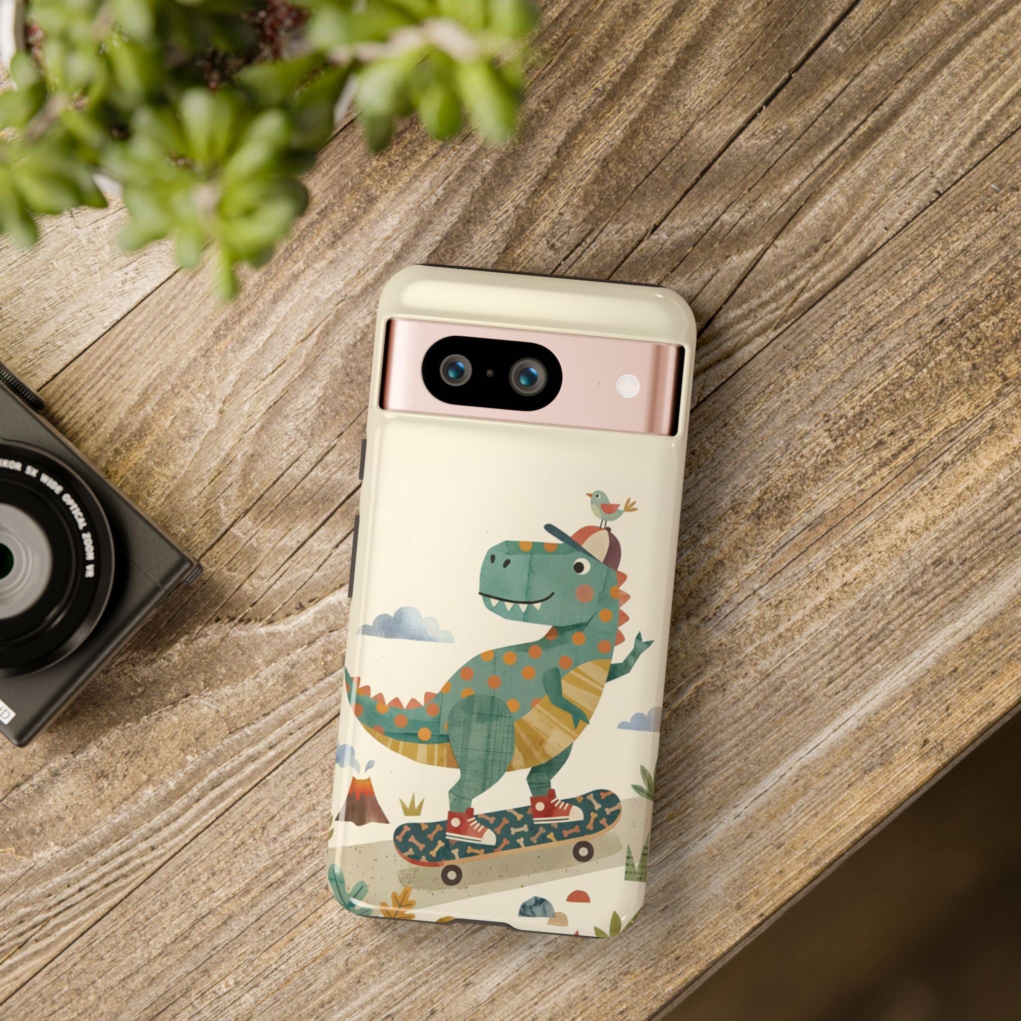Cute Skateboarding Dinosaur Tough Google Pixel Phone Case | Vintage Kid Aesthetic T Rex Cover