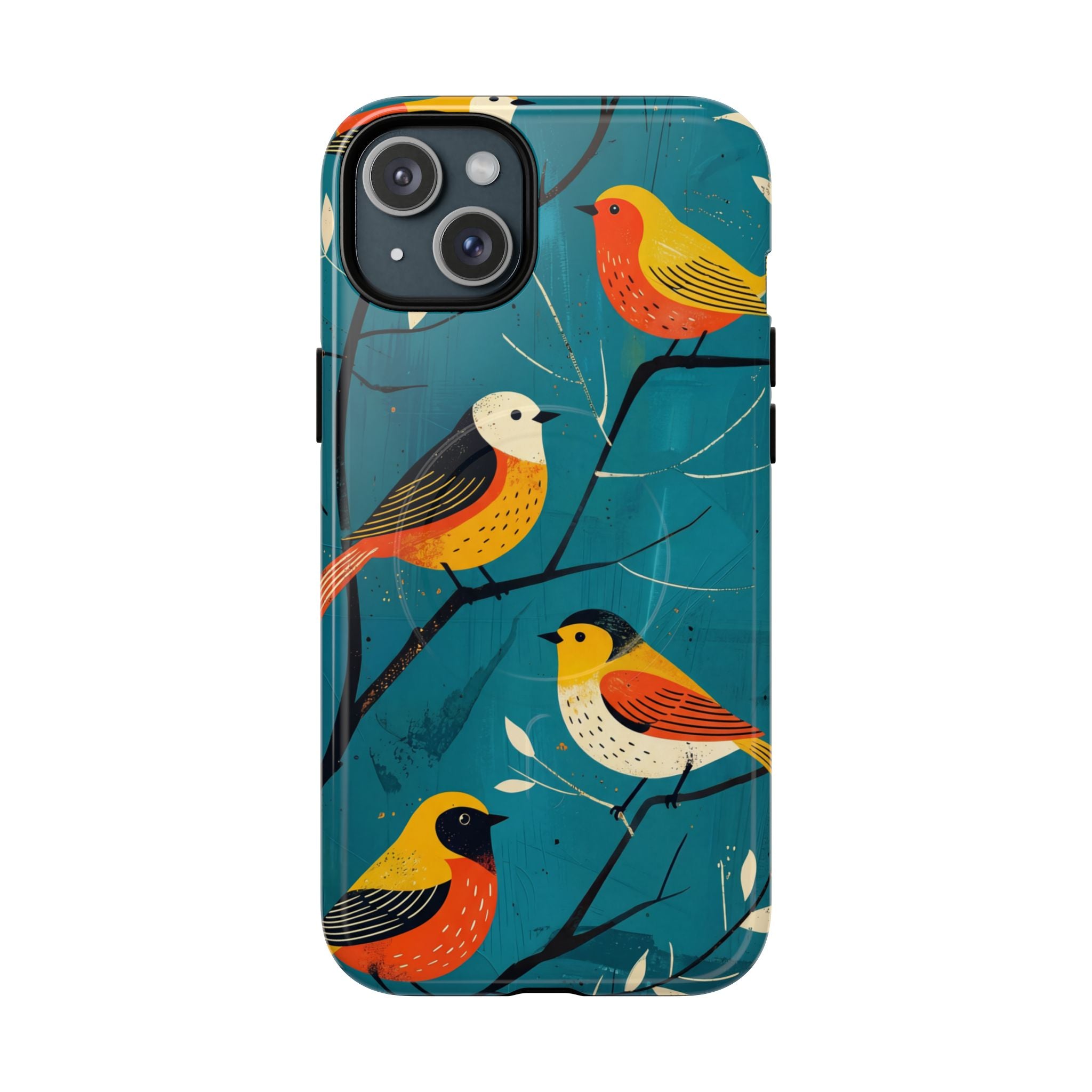 Bird Pattern Tough MagSafe iPhone Case | Colourful Songbirds on Teal Background