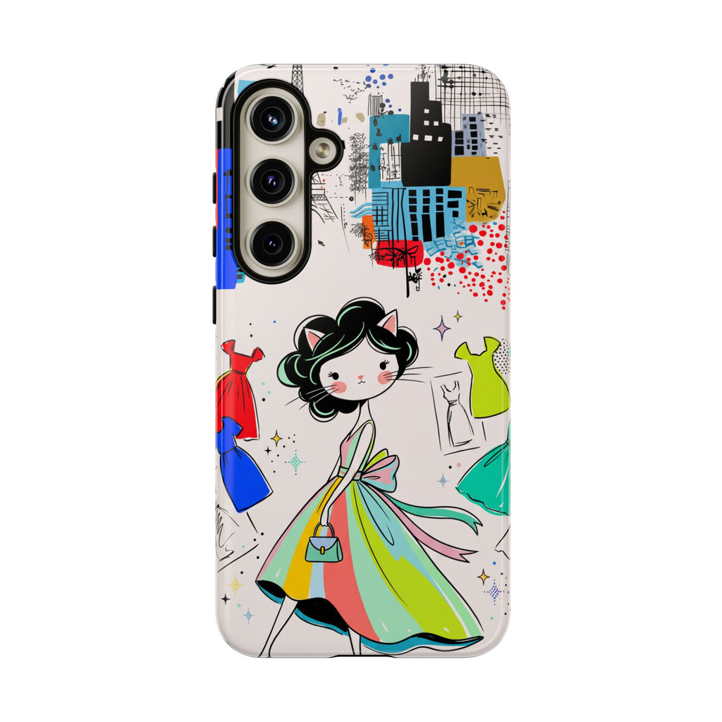 Retro Fashion Cat Girl Samsung Galaxy Phone Case | Cute Dress & City Print