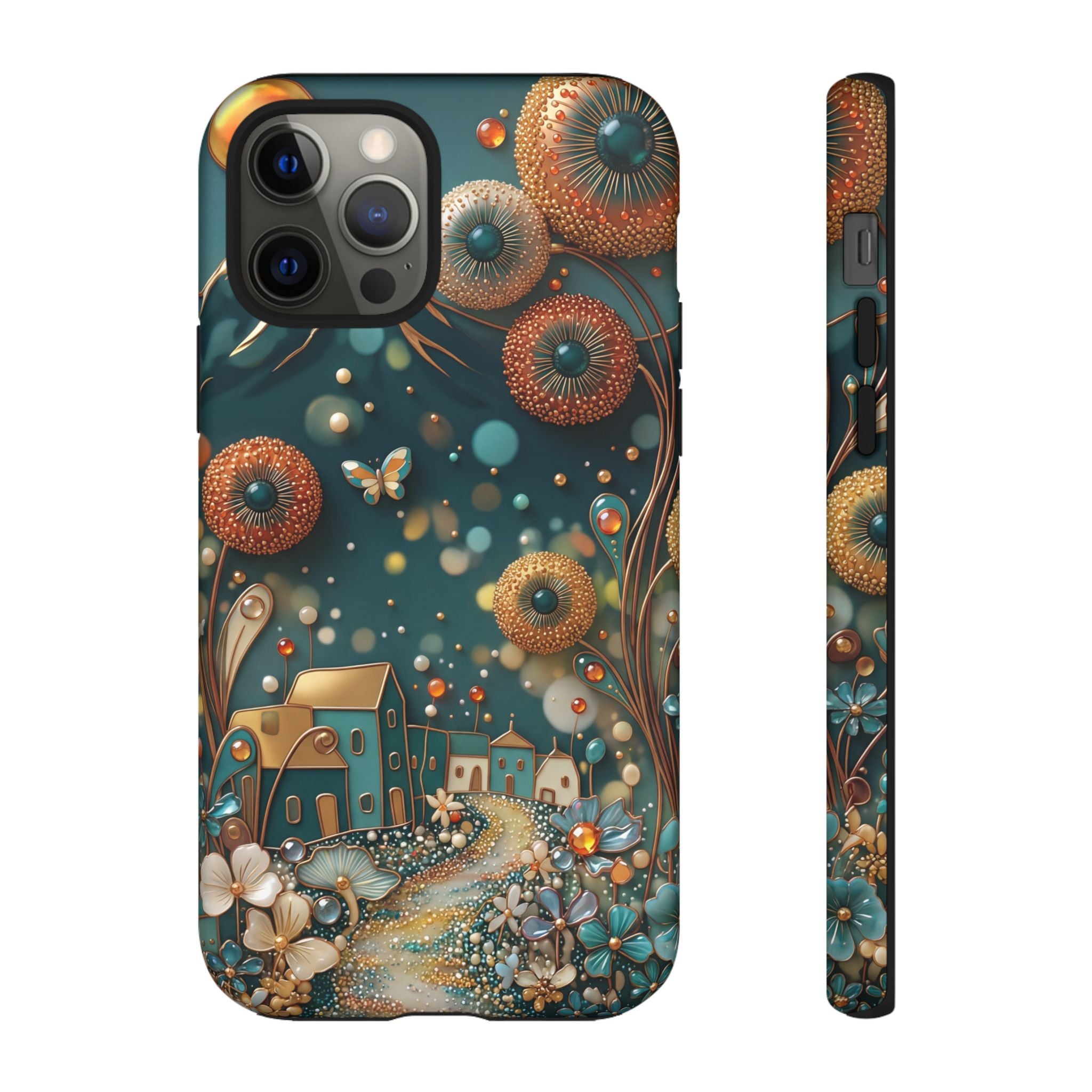 Whimsical Night Village iPhone Case | Floral Moonlit Art Tough Case