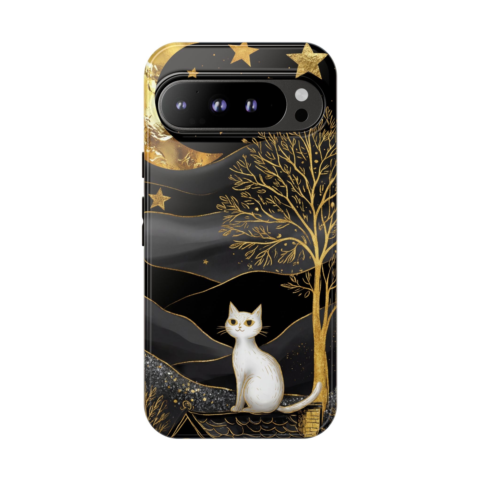Mystic Night Cat Google Pixel Case | Gold Tree & Stars Tough Case