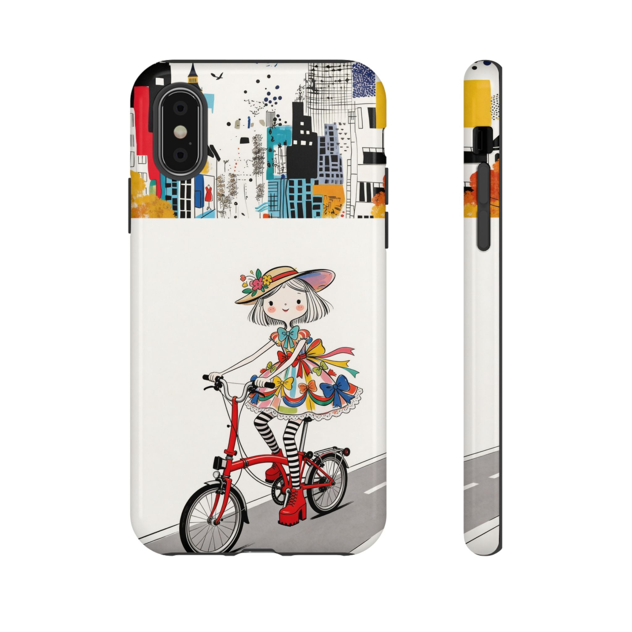 Whimsical Girl on Brompton Bicycle Urban Illustration iPhone Case