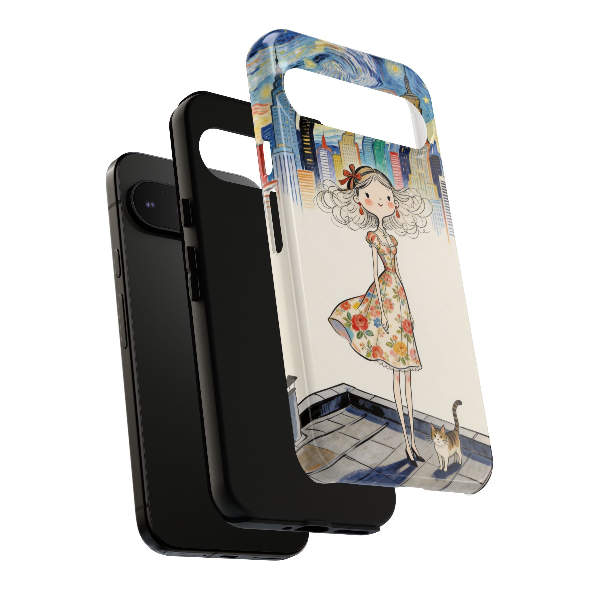 Artistic Girl Cityscape Google Pixel Phone Case | Cute Floral Dress Rooftop Design