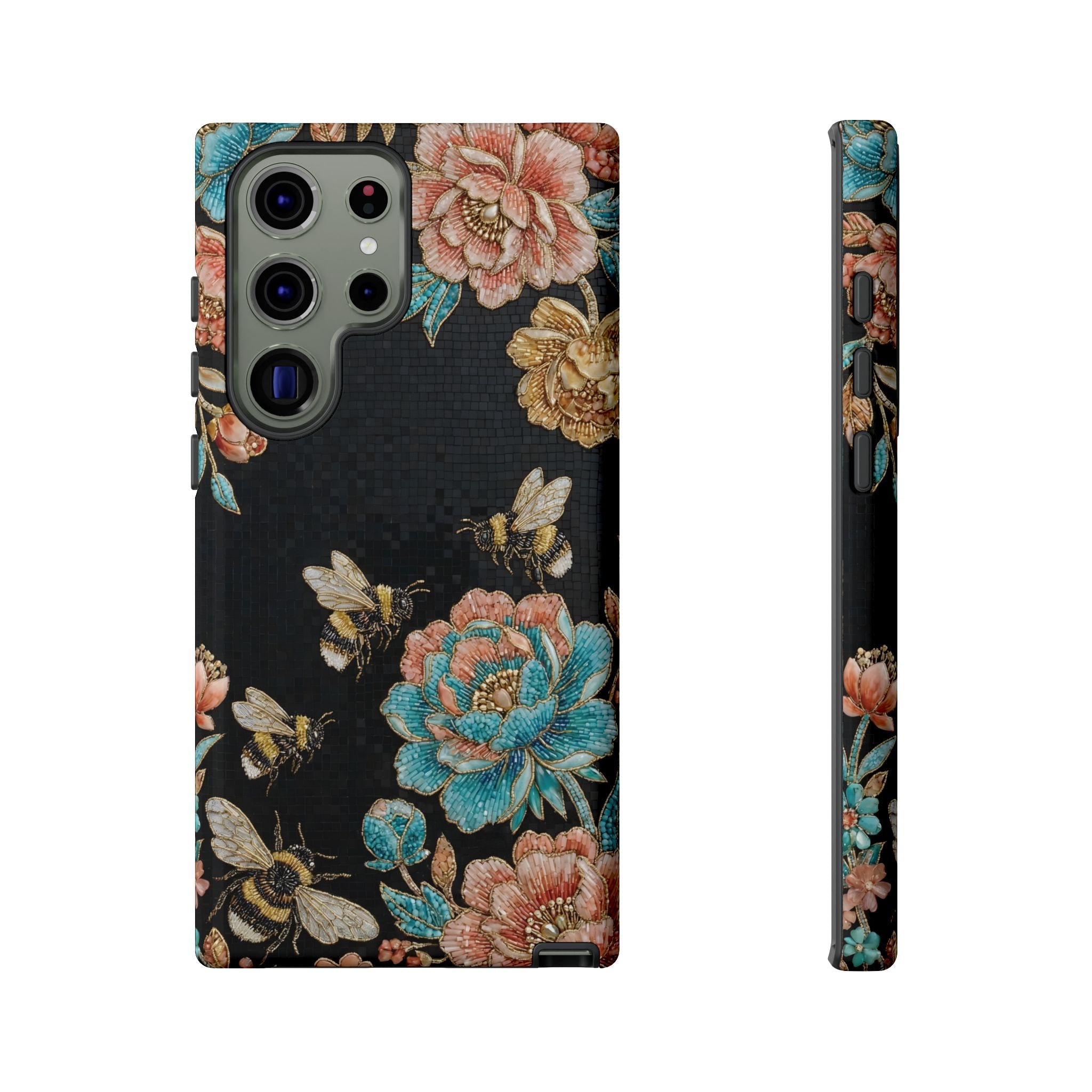Floral Bees Tough Samsung Galaxy Phone Case | Vintage Rose & Bumblebee Protective Cover
