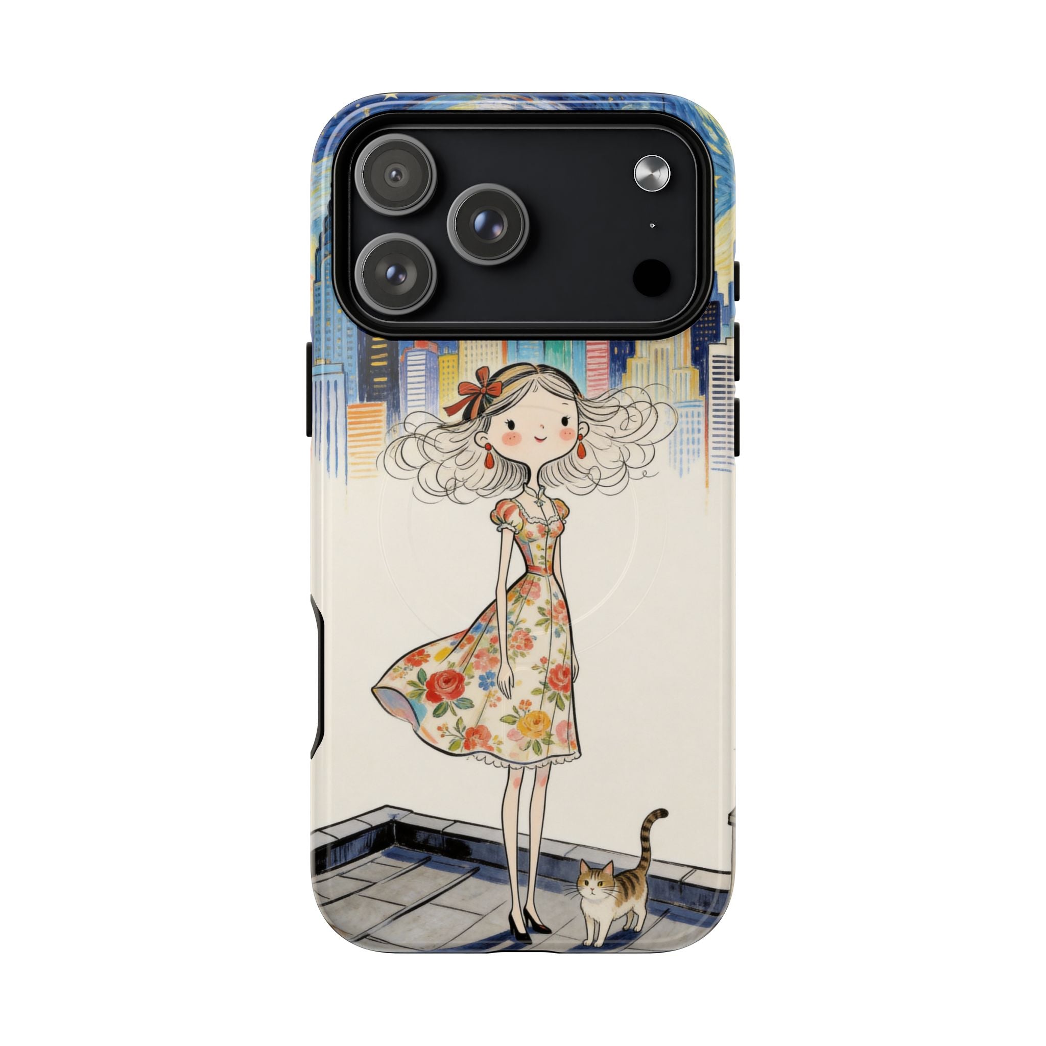 Artistic Girl Cityscape MagSafe iPhone Case | Cute Floral Dress Rooftop Design