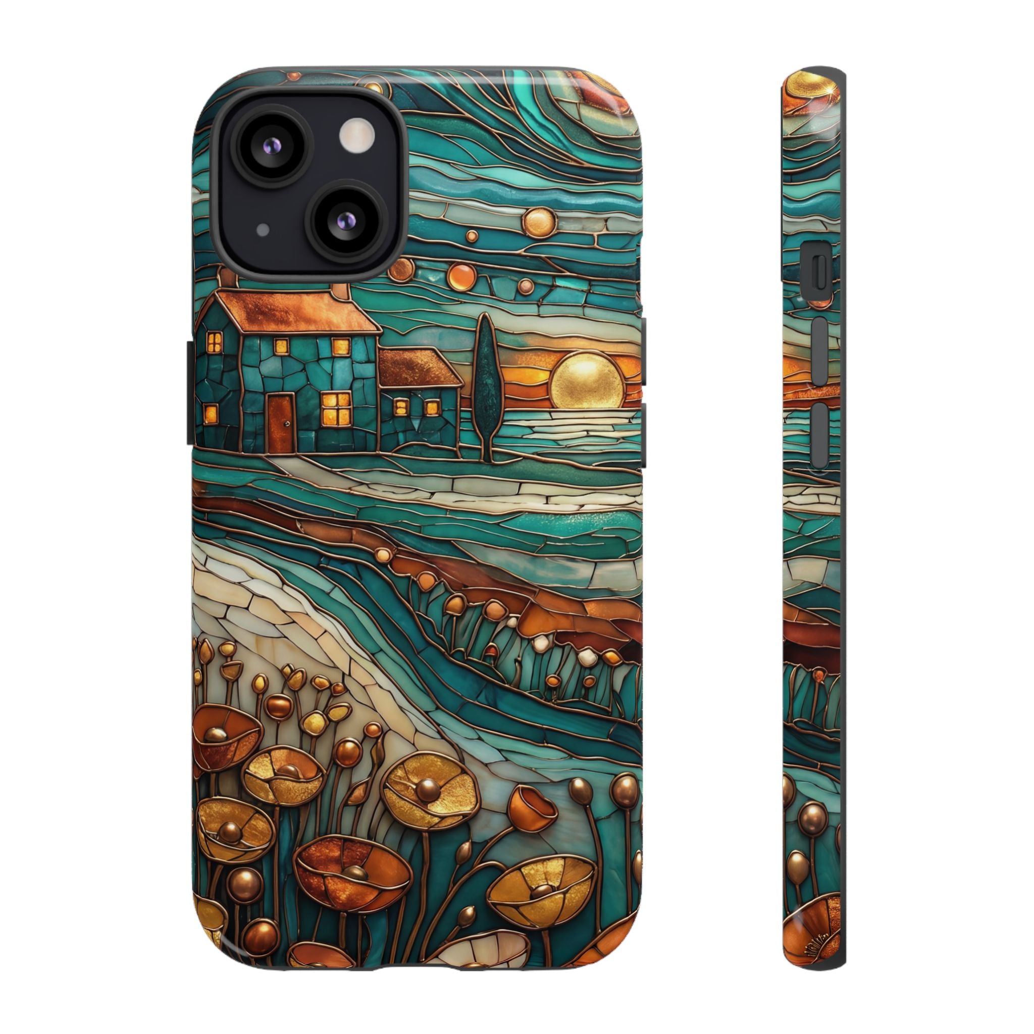 Artistic Sunset Cottage iPhone Case | Whimsical Floral Landscape Protective Cover