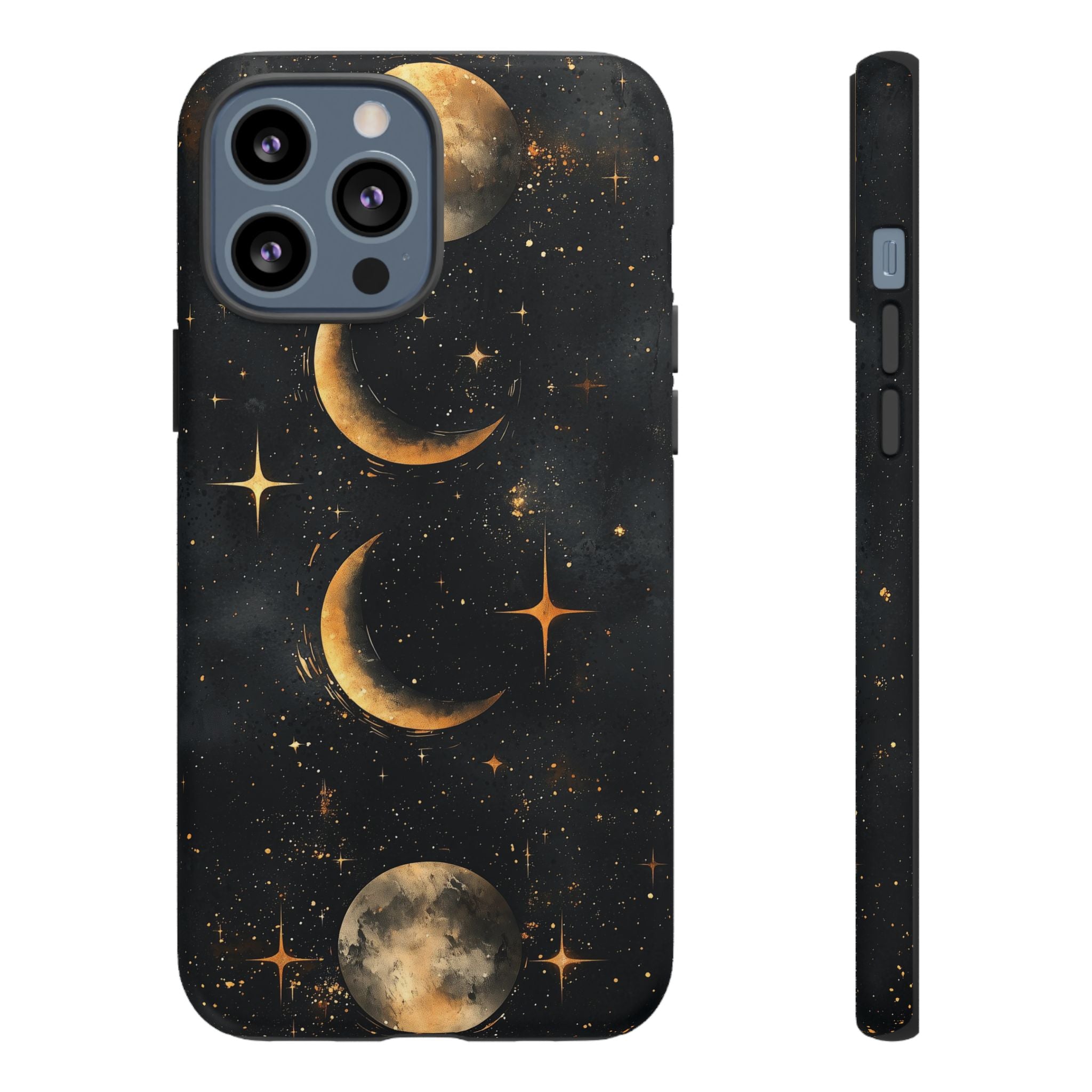 Celestial Moon Phases Tough iPhone Case | Gold Crescent & Full Moon Galaxy Design