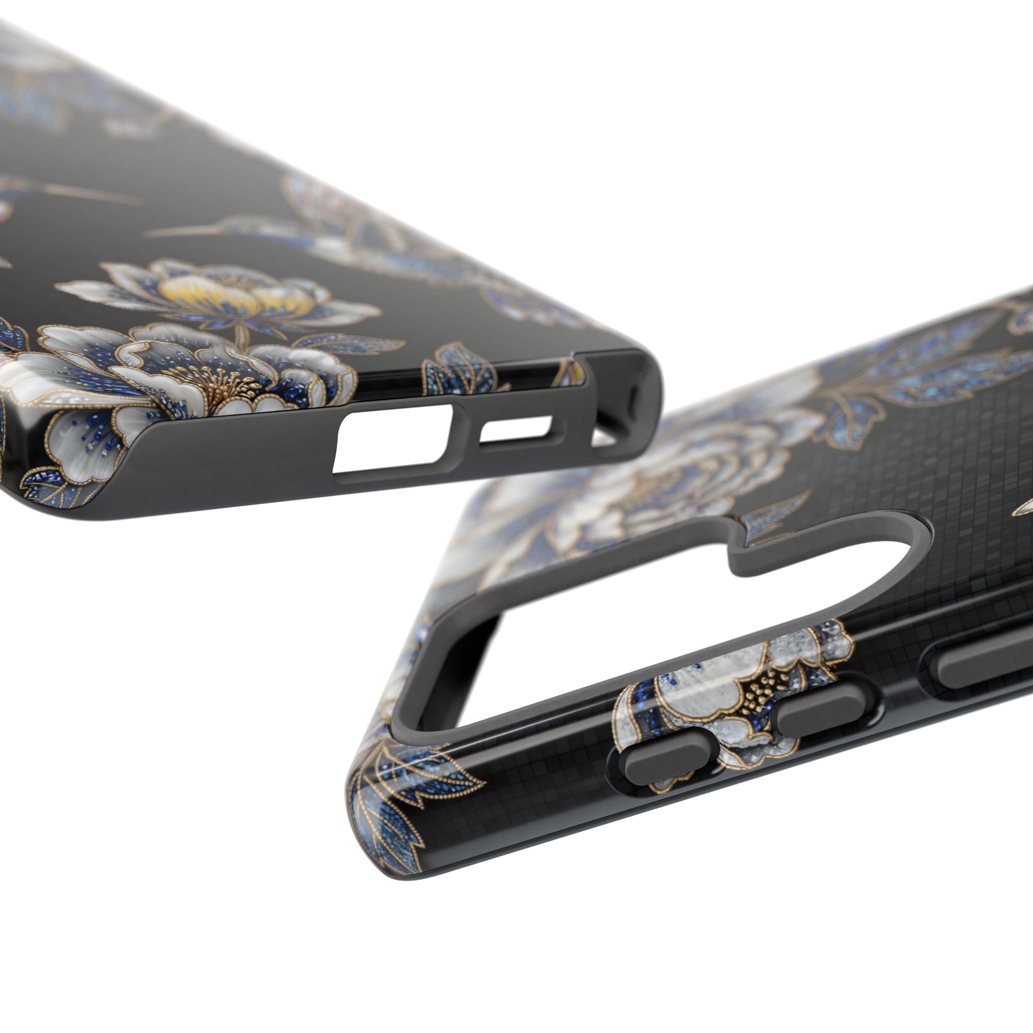 Hummingbird & Peony Floral Samsung Galaxy Phone Case | Elegant Black Protective Cover