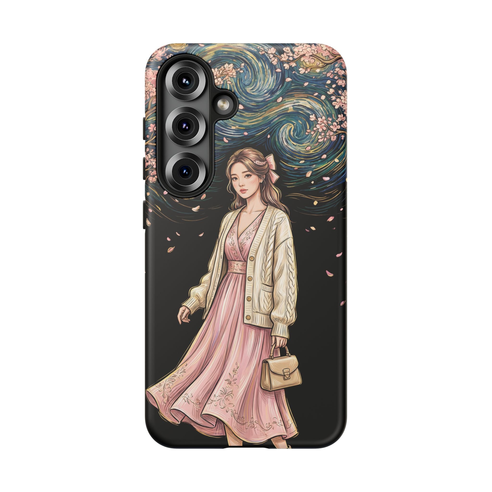 Floral Starry Night Samsung Galaxy Phone Case | Elegant Girl in Pink Dress