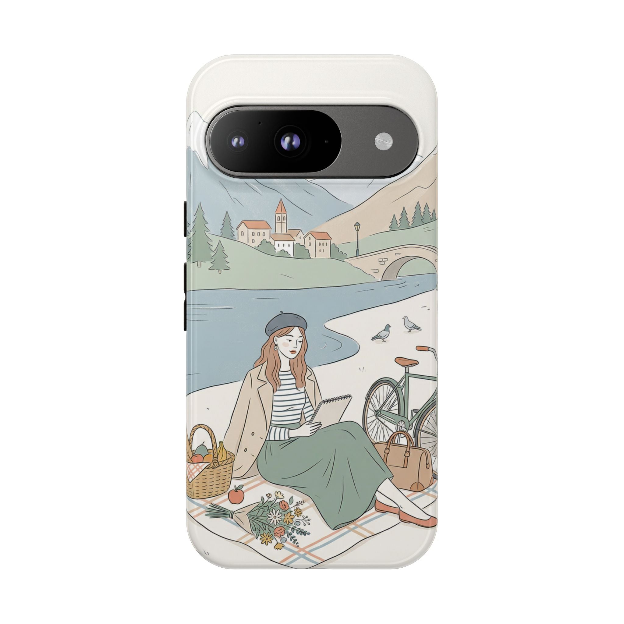 Scenic Picnic Google Pixel Phone Case | Vintage Bicycle & Mountain Illustration