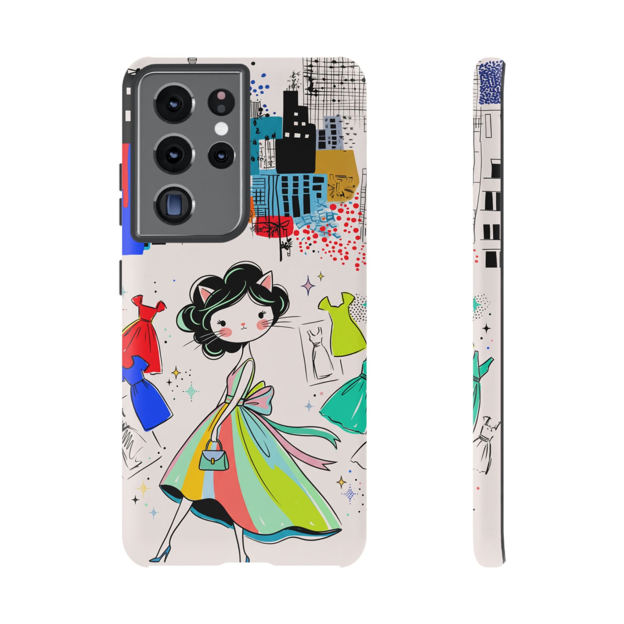 Retro Fashion Cat Girl Samsung Galaxy Phone Case | Cute Dress & City Print