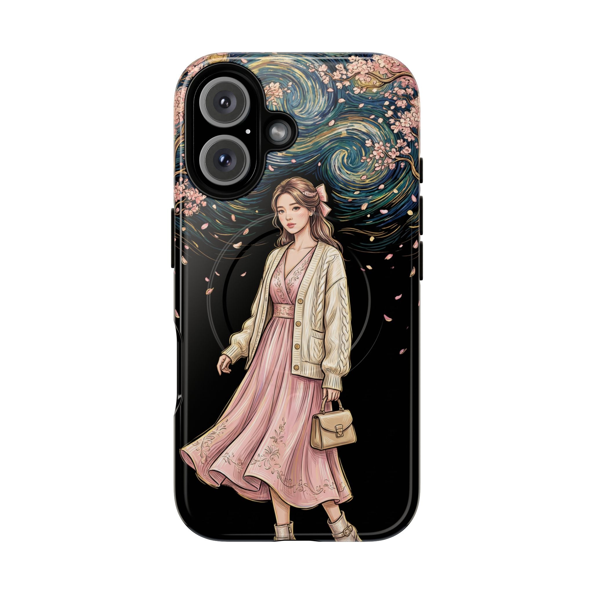 Floral Starry Night MagSafe iPhone Case | Elegant Girl in Pink Dress