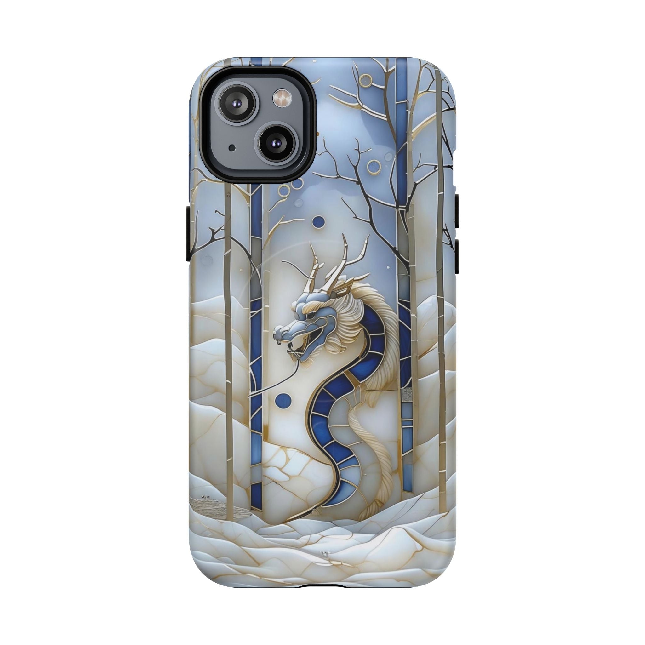Dragon Stained Glass Tough MagSafe Phone Case — Blue & Ivory Medieval Art