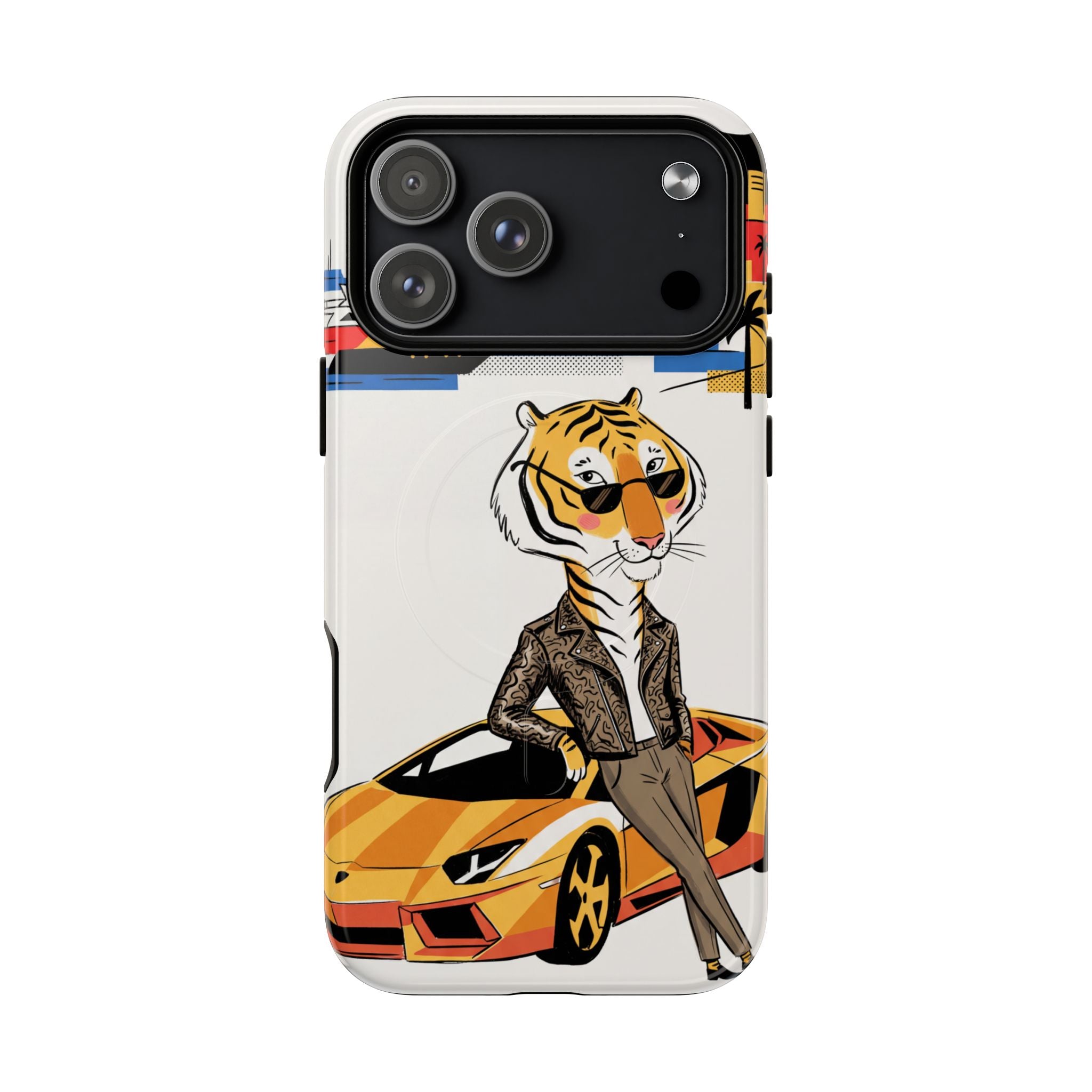 Stylish Tiger with Sports Car Illustration MagSafe iPhone Case
